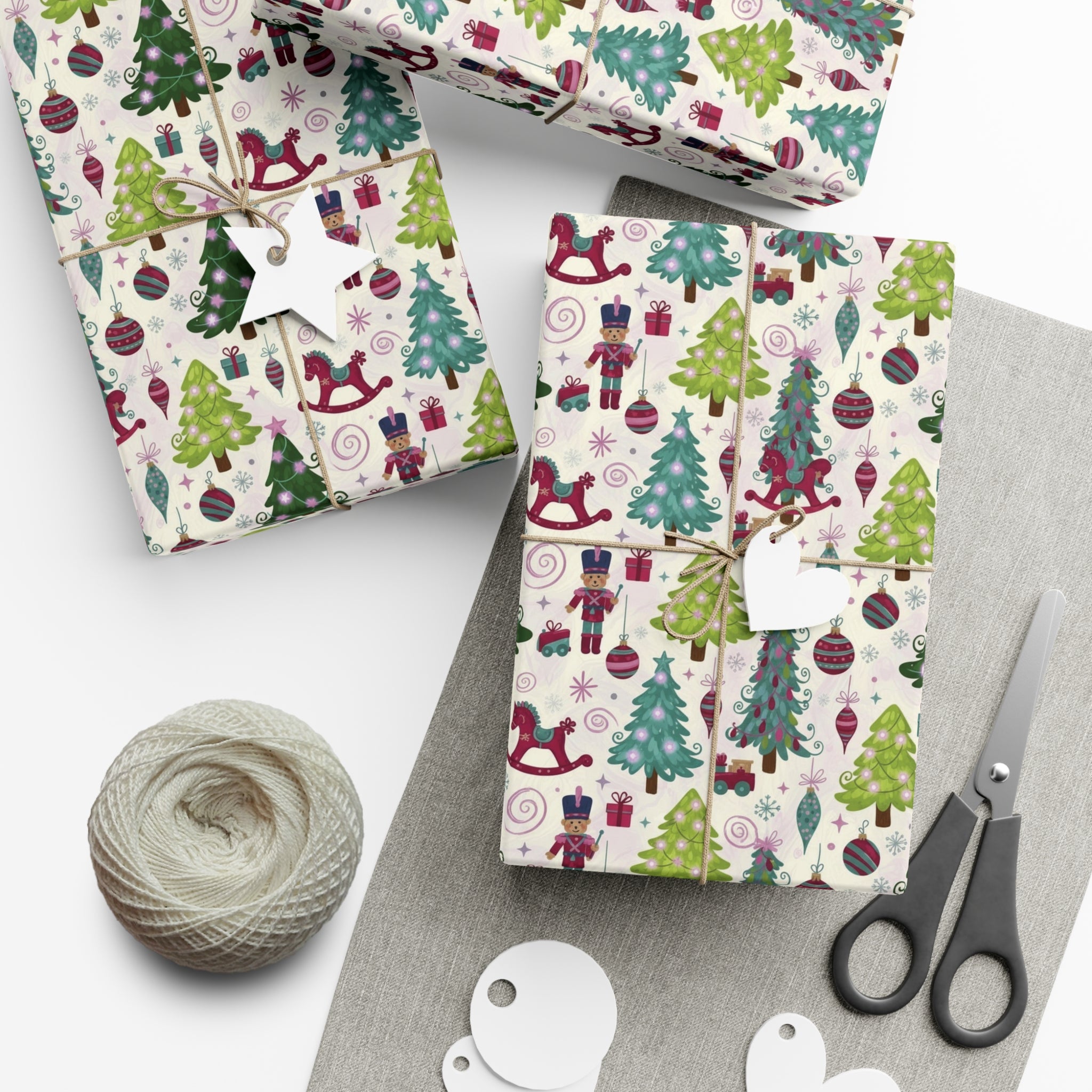 Festive Christmas wrapping paper with toys, trees & holiday icons. Available in 3 sizes—perfect for gifts, parties & seasonal décor.