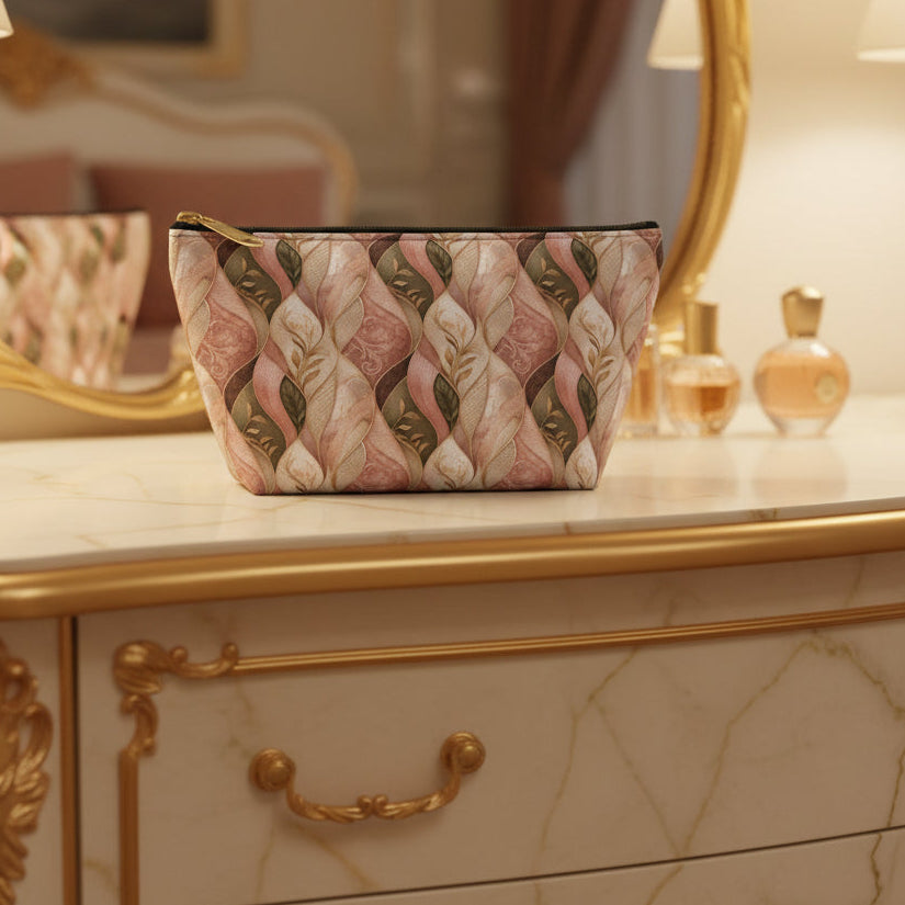 Braided Floral Accessory Pouch — Pink & Olive T‑Bottom Cosmetic Bag