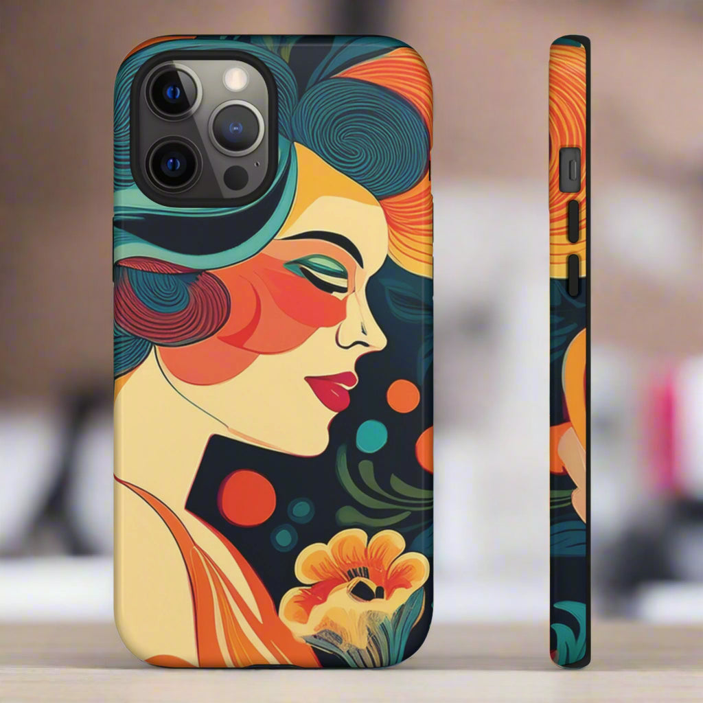 Phone case with colorful design of a woman's face and flowers on a white background