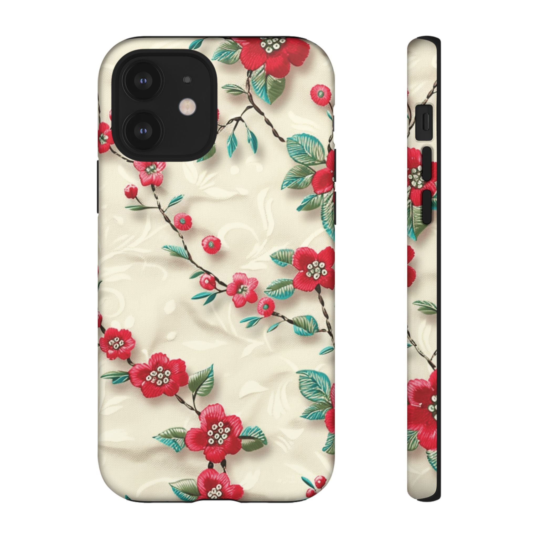 3D Embroidery Illusion Red Flowers Phone Case for iPhone, Samsung Pixel Artistic Floral Protection 15 14 13 12, 21 23 Gift for Her Perfect for Floral Lover