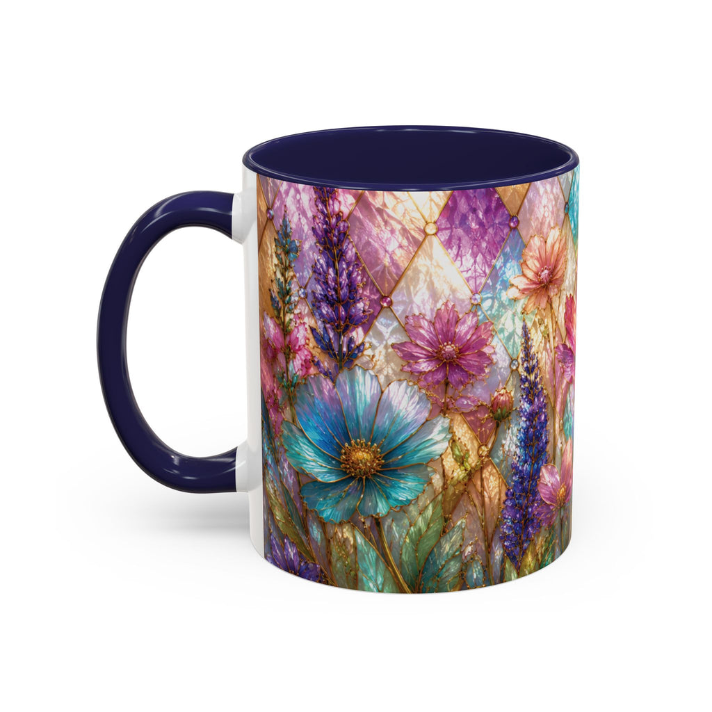 Floral Mosaic Accent Coffee Mug — Colorful Garden Flowers 11/15oz Stain Glass Illusion