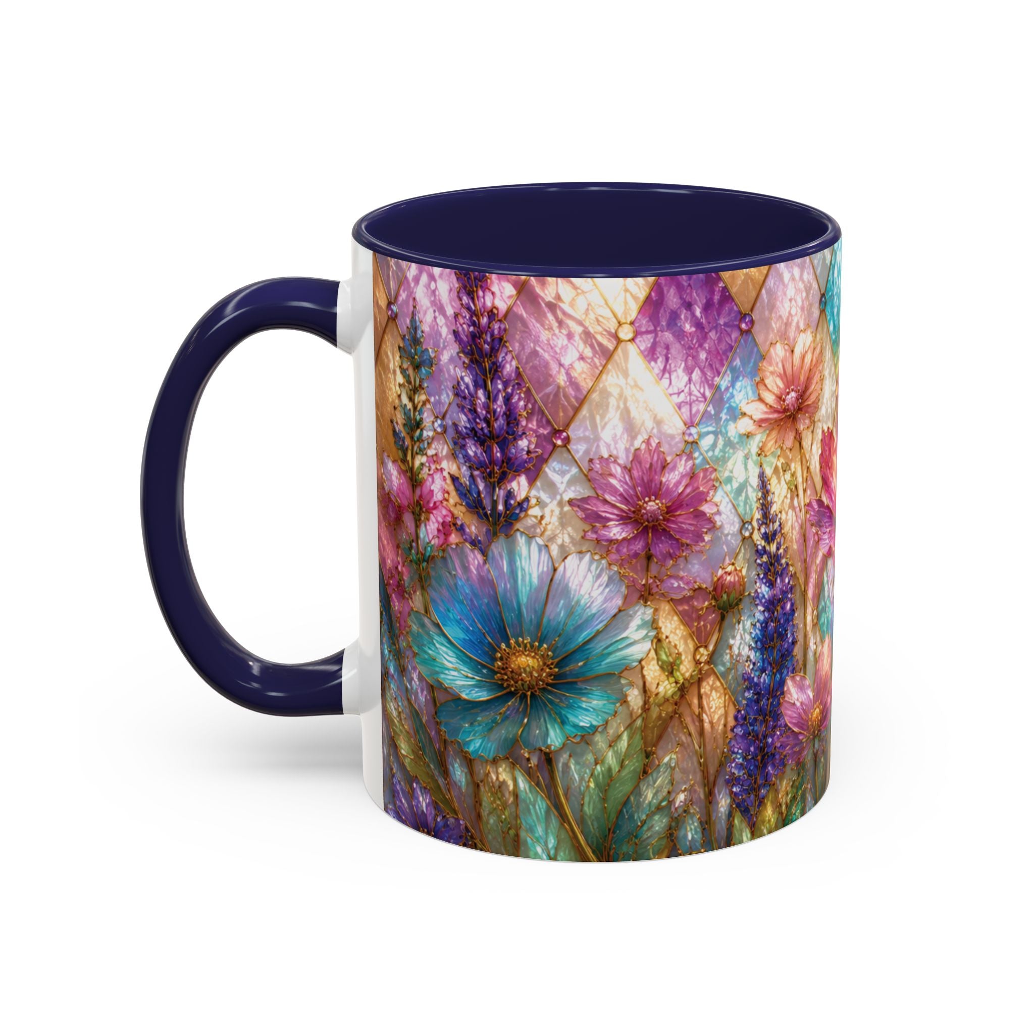 Floral Mosaic Accent Coffee Mug — Colorful Garden Flowers 11/15oz Stain Glass Illusion