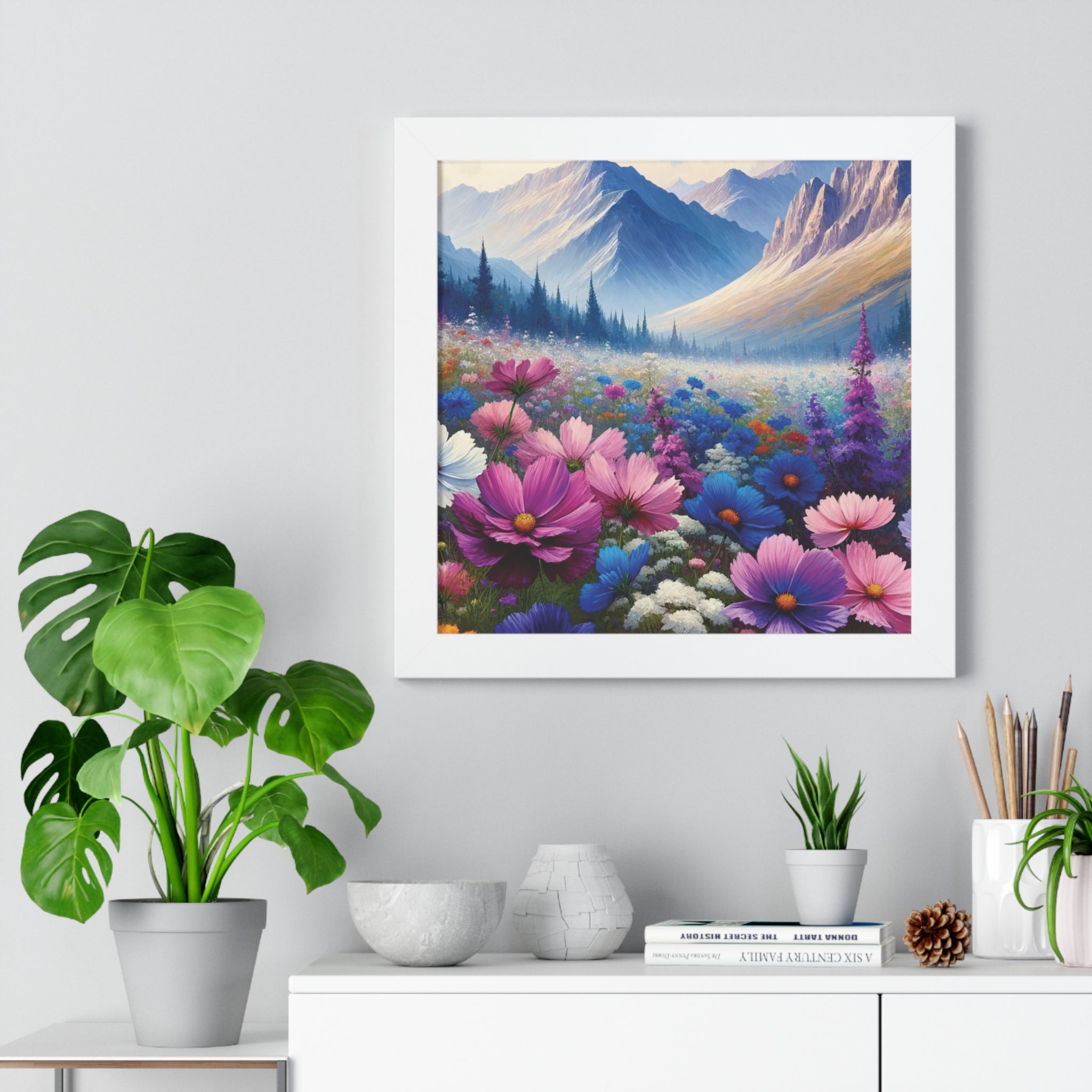 Wall Art Beautiful Wildflowers and Mountains Wildflower Art Watercolor Floral Framed Canvas Print Wall Art  Classic Encased in Black, White, or Walnut Frames with Durable Acrylic Protection Ready to Hang  Timelessly Crafted..
