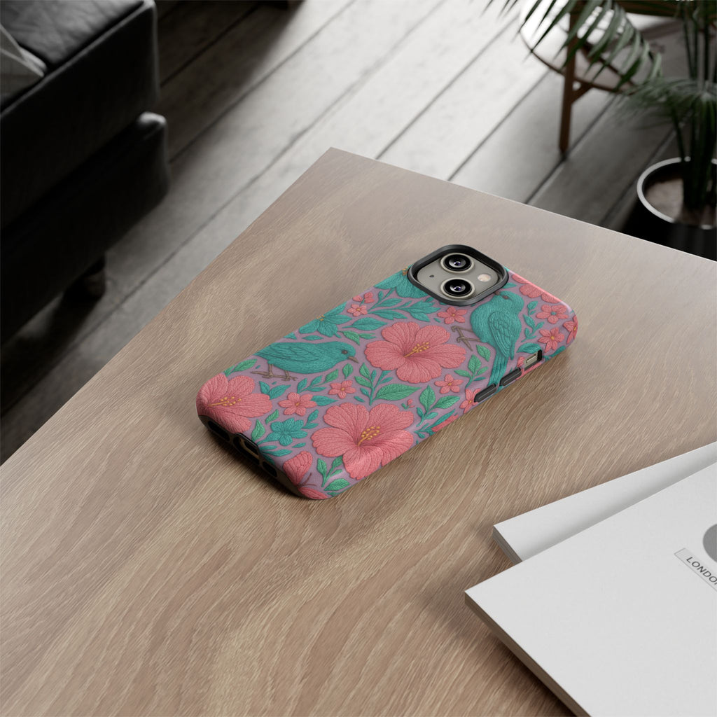 Turquoise, Pink and Lavender 3D Embroidery Illusion Phone Case Tropical Flowers, Birds & Butterflies Cover with Bold, Realistic Floral Texture iPhone, Samsung