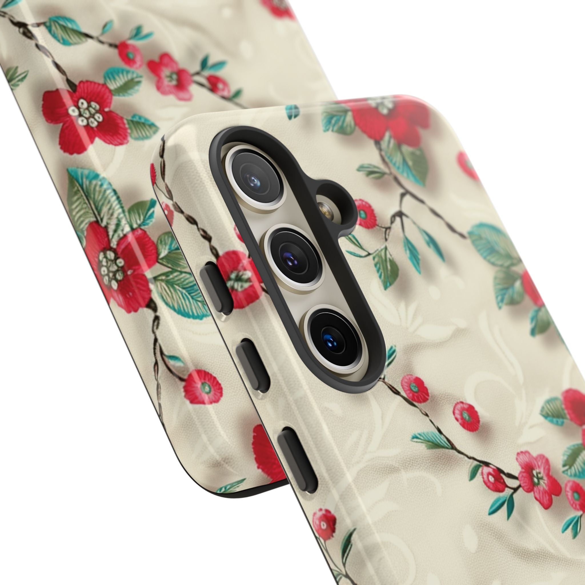 3D Embroidery Illusion Red Flowers Phone Case for iPhone, Samsung Pixel Artistic Floral Protection 15 14 13 12, 21 23 Gift for Her Perfect for Floral Lover