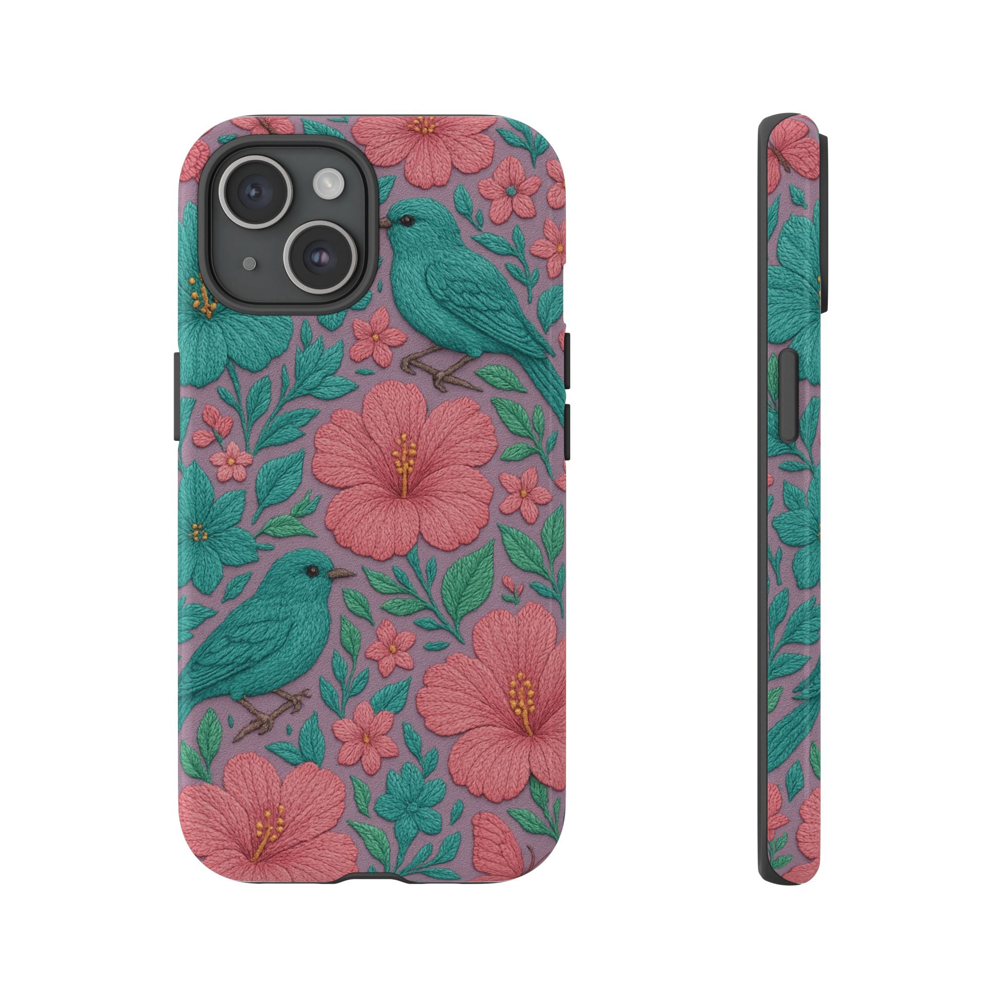 Turquoise, Pink and Lavender 3D Embroidery Illusion Phone Case Tropical Flowers, Birds & Butterflies Cover with Bold, Realistic Floral Texture iPhone, Samsung