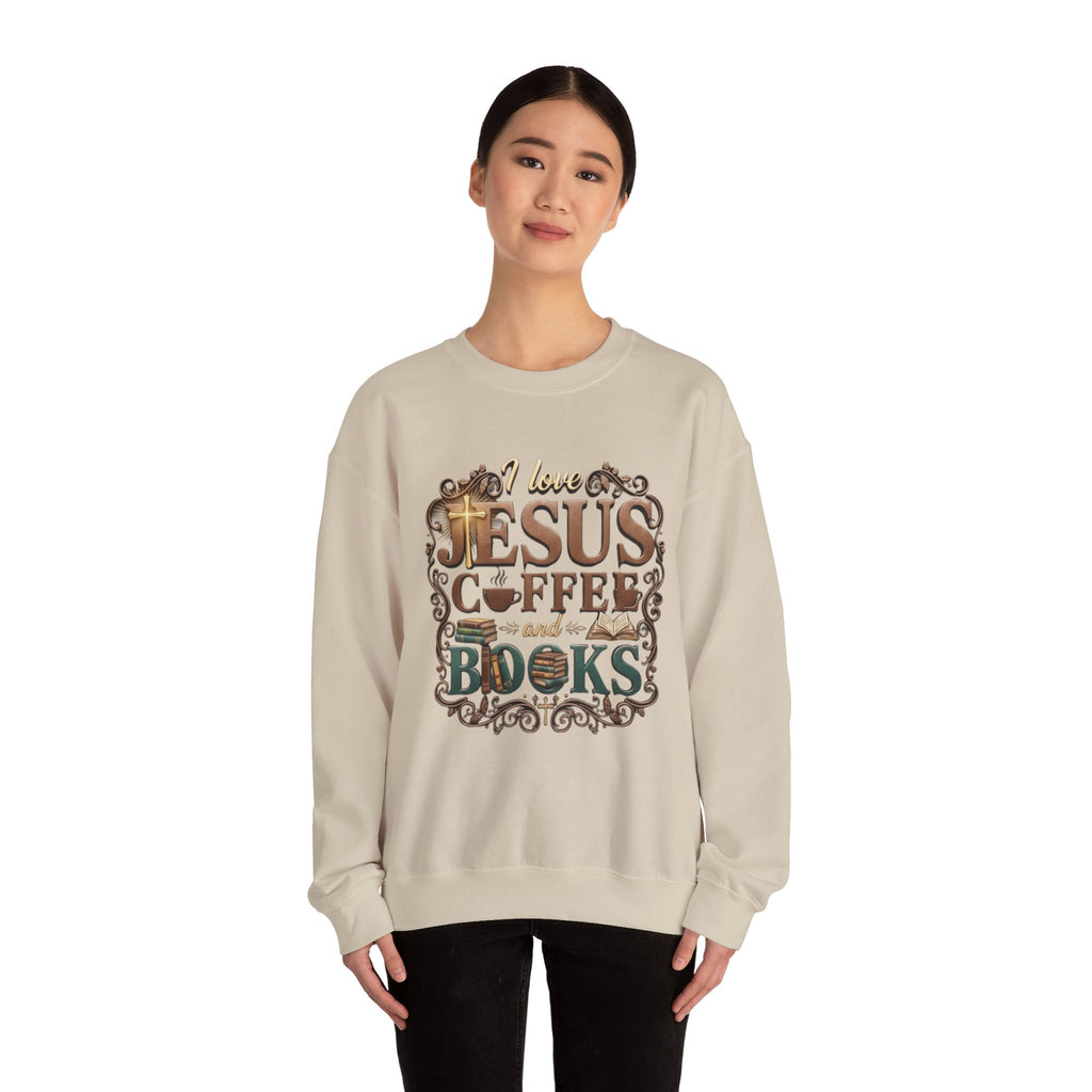 Love Jesus, Coffee & Books Sweatshirt | Christian Unisex Crewneck, Cozy Faith Gift