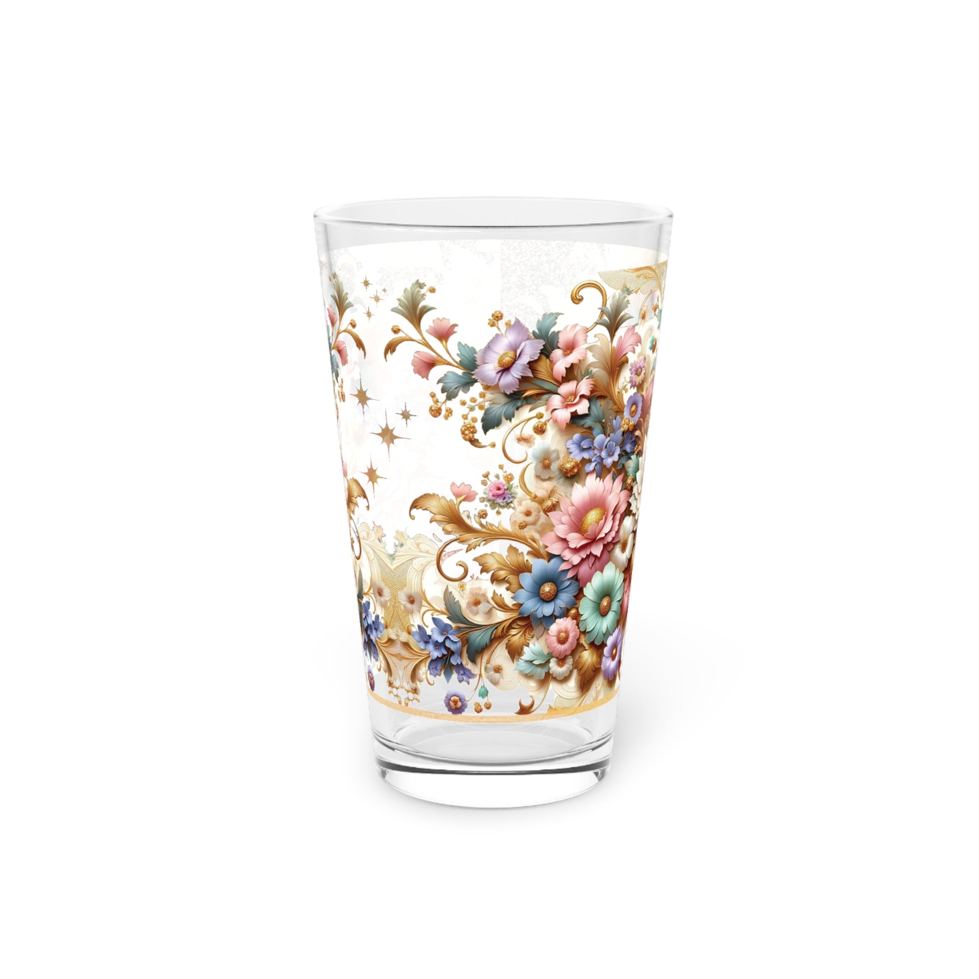 Watercolor Gold Pink Purple Floral 16oz Pint Glass Delicate Blooms for Refreshing Sips Art Gifts, Party Drinkware, Cocktail Glass Housewarming Perfect Gift Party Drinkware, Cocktail, Wedding Perfect for Parties Glassware, New House Gift.