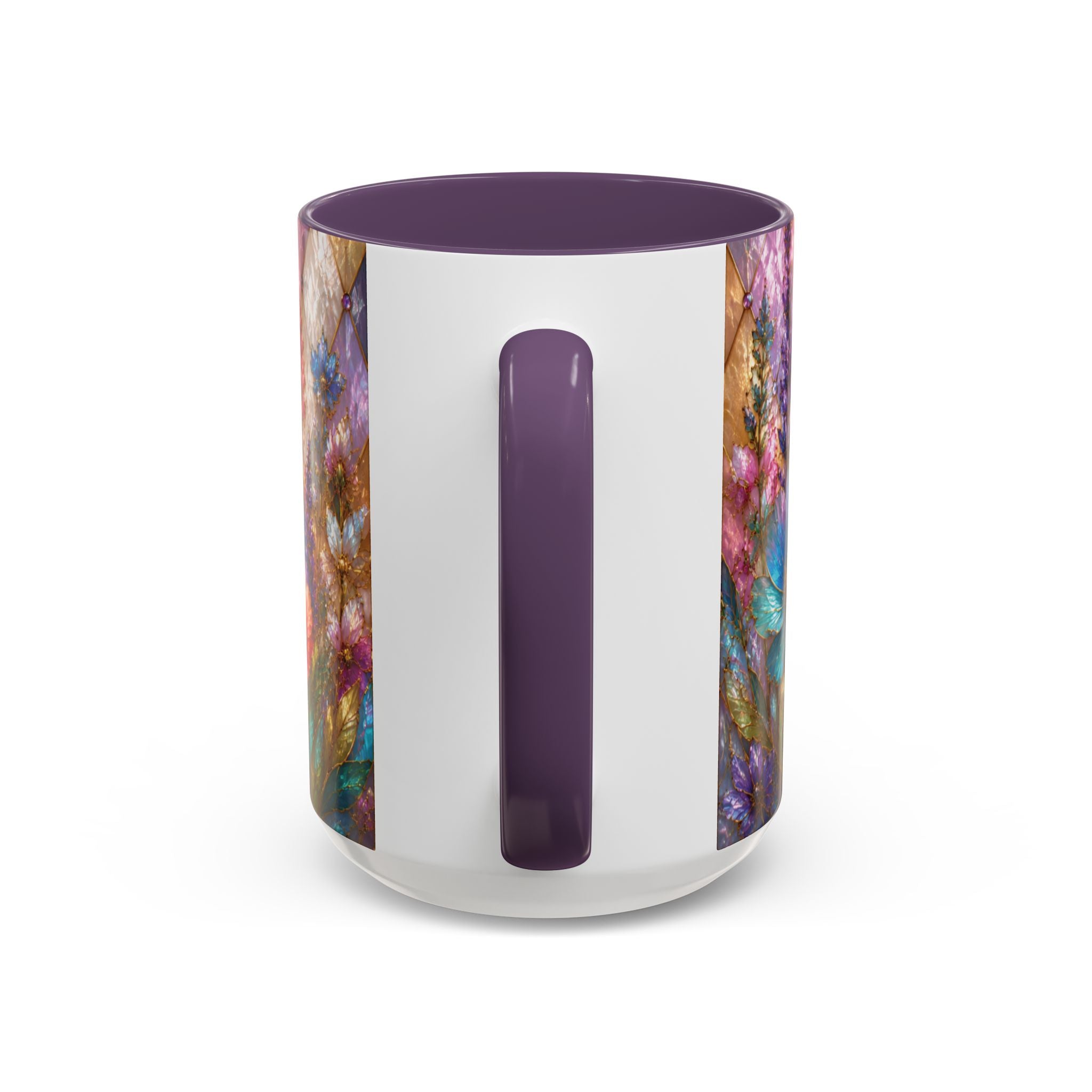 Floral Mosaic Accent Coffee Mug — Colorful Garden Flowers 11/15oz Stain Glass Illusion