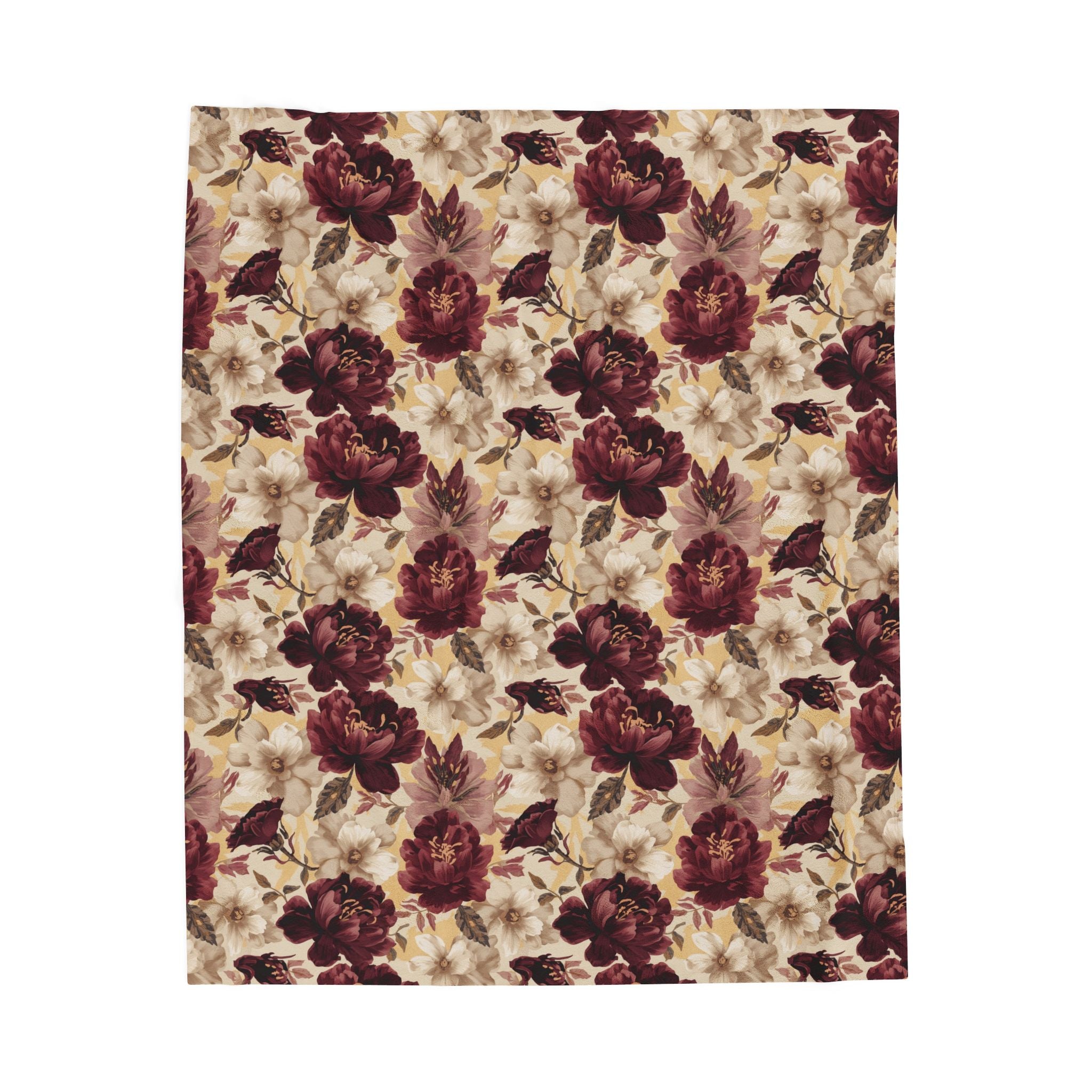 A rectangular fabric item, likely a blanket or towel, featuring a dense vintage floral pattern with burgundy peonies, cream lilies, and muted green leaves on a warm beige background.