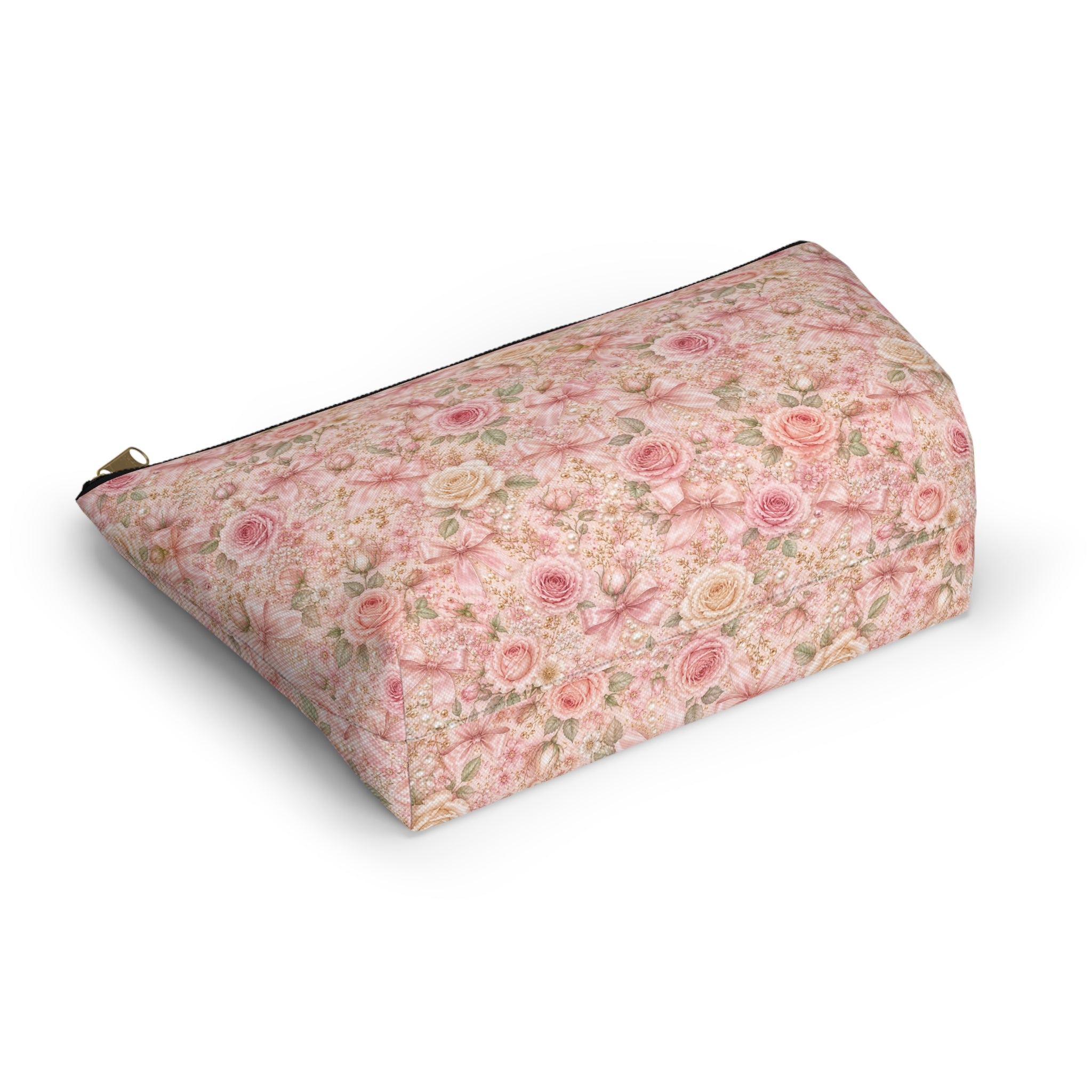 Trousse de Maquillage Nœud en Satin et Rose Poudré, Pochette Cosmétique Fleurie Coquette de Luxe, Organisateur de Voyage Élégant