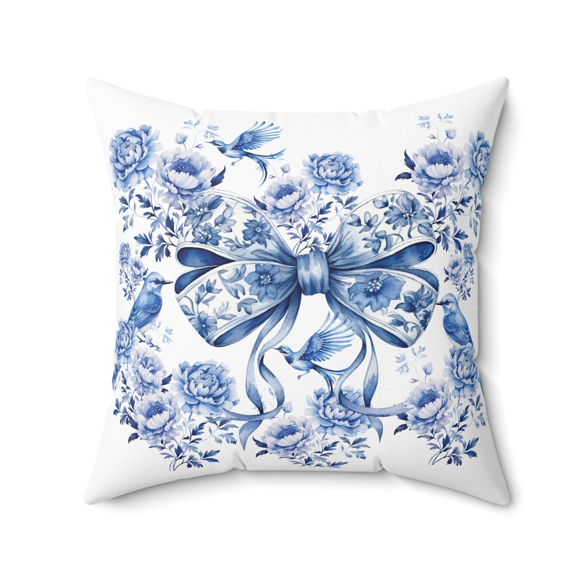 Elegant Blue Bow Chinoiserie Square Pillow – Vintage Bird & Floral Design, Soft & Stylish, Available in 16x16, 18x18 & 20x20, Perfect for Home Decor & Gifting Sofa Decor 100% Polyester with Double-Sided Print