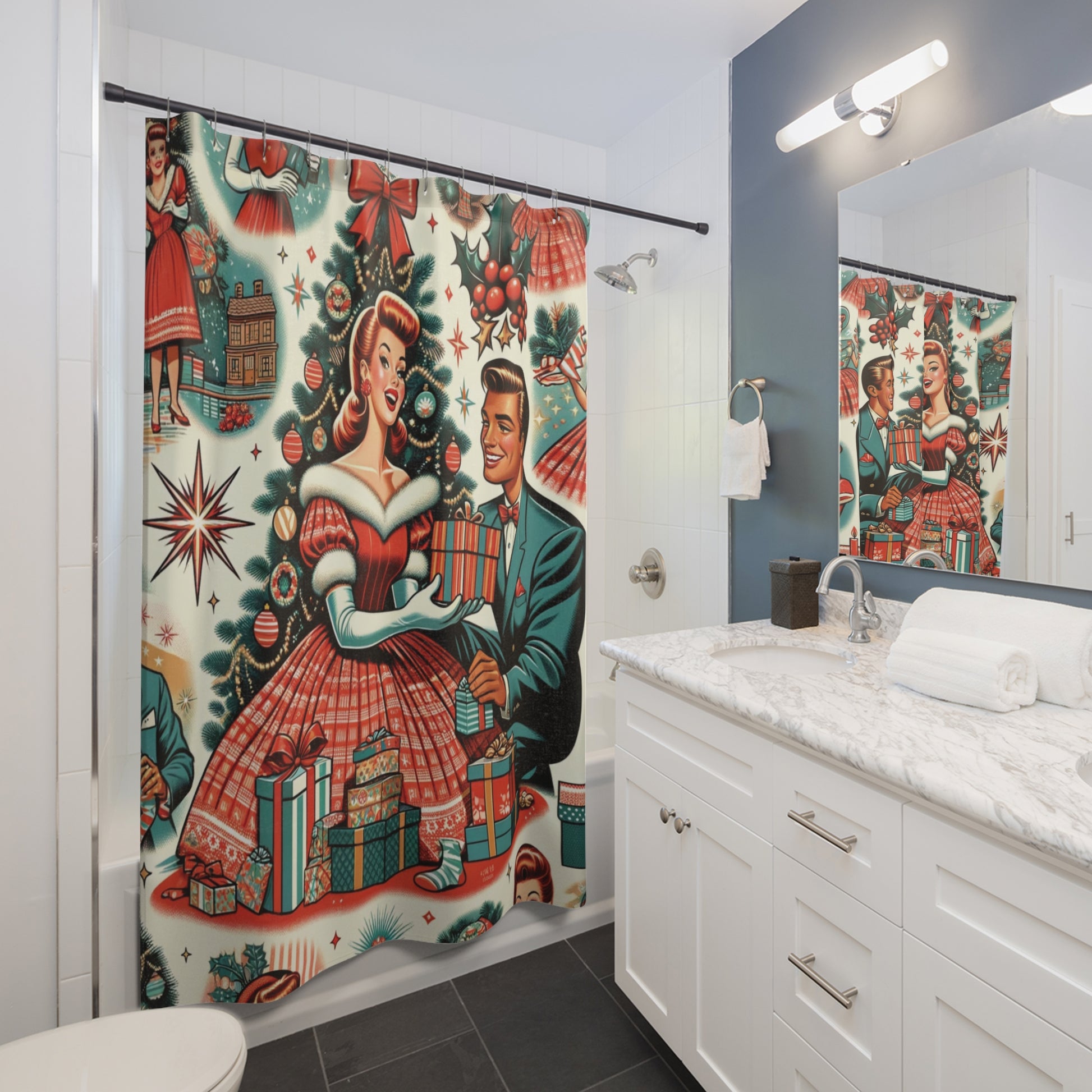 Retro Revival Shower Curtain 50s Starburst Kitsch Delight Design Art for Modern Bathroom Decor Perfect Bridal or Housewarming Gift Bathroom Makeover Housewarming Wedding Gift for Mom Bridal Shower Gift Newlywed - MRSBYVALLE