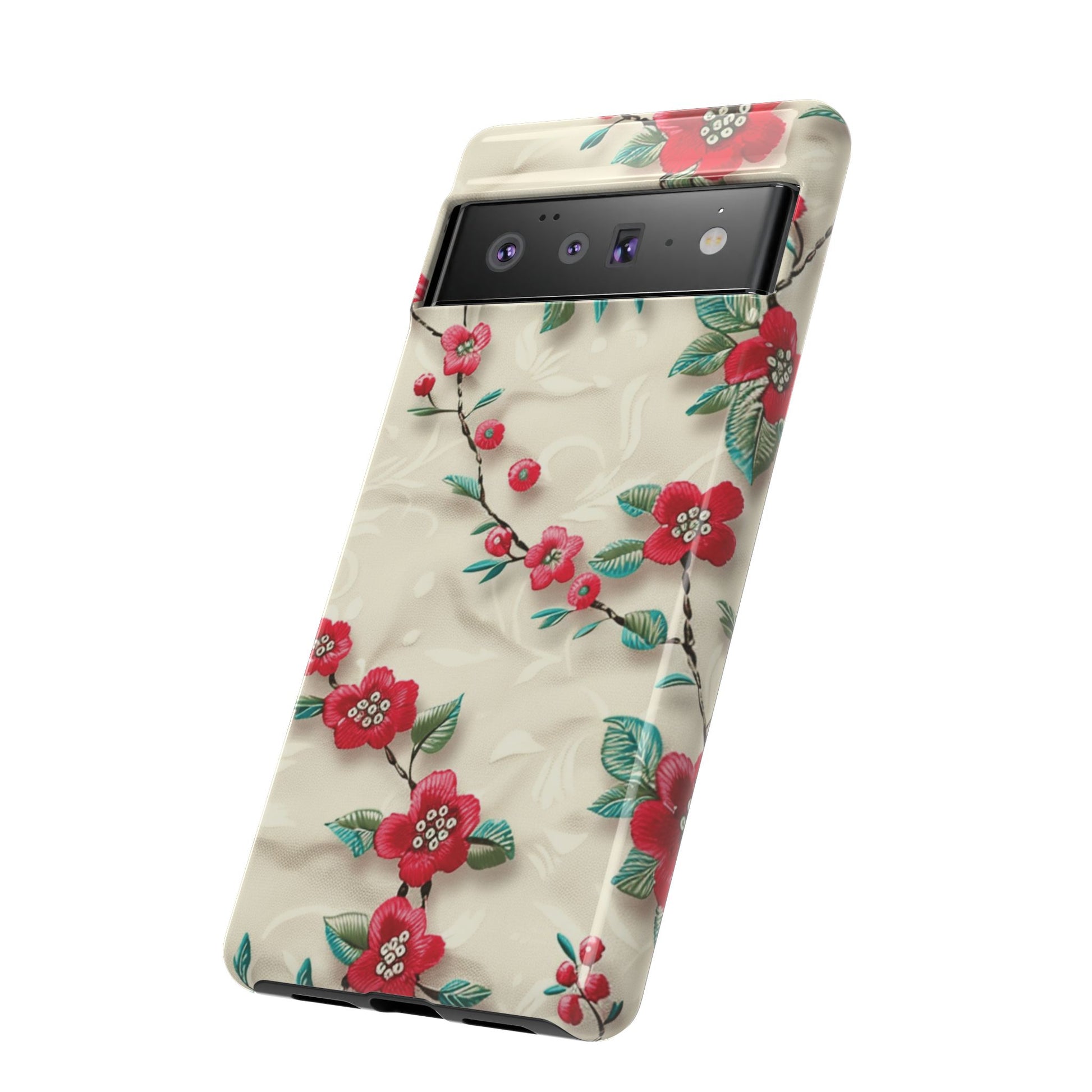 3D Embroidery Illusion Red Flowers Phone Case for iPhone, Samsung Pixel Artistic Floral Protection 15 14 13 12, 21 23 Gift for Her Perfect for Floral Lover