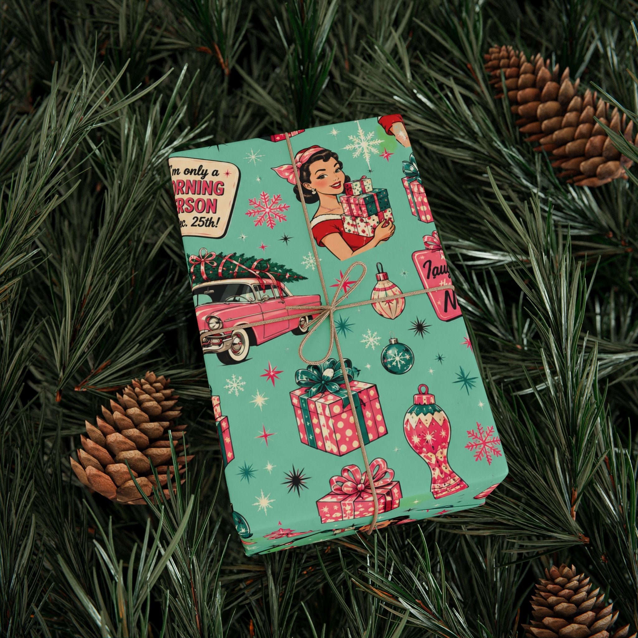 Funny Retro Christmas Wrapping Paper  Vintage Pink Holiday Gift Wrap  Mid Century Christmas Gifts Cute Nostalgic Xmas Paper