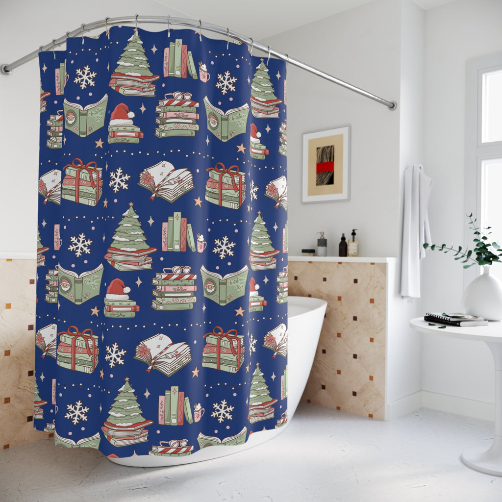 Shower Curtain - Royal Blue Christmas Books and Coffee Design