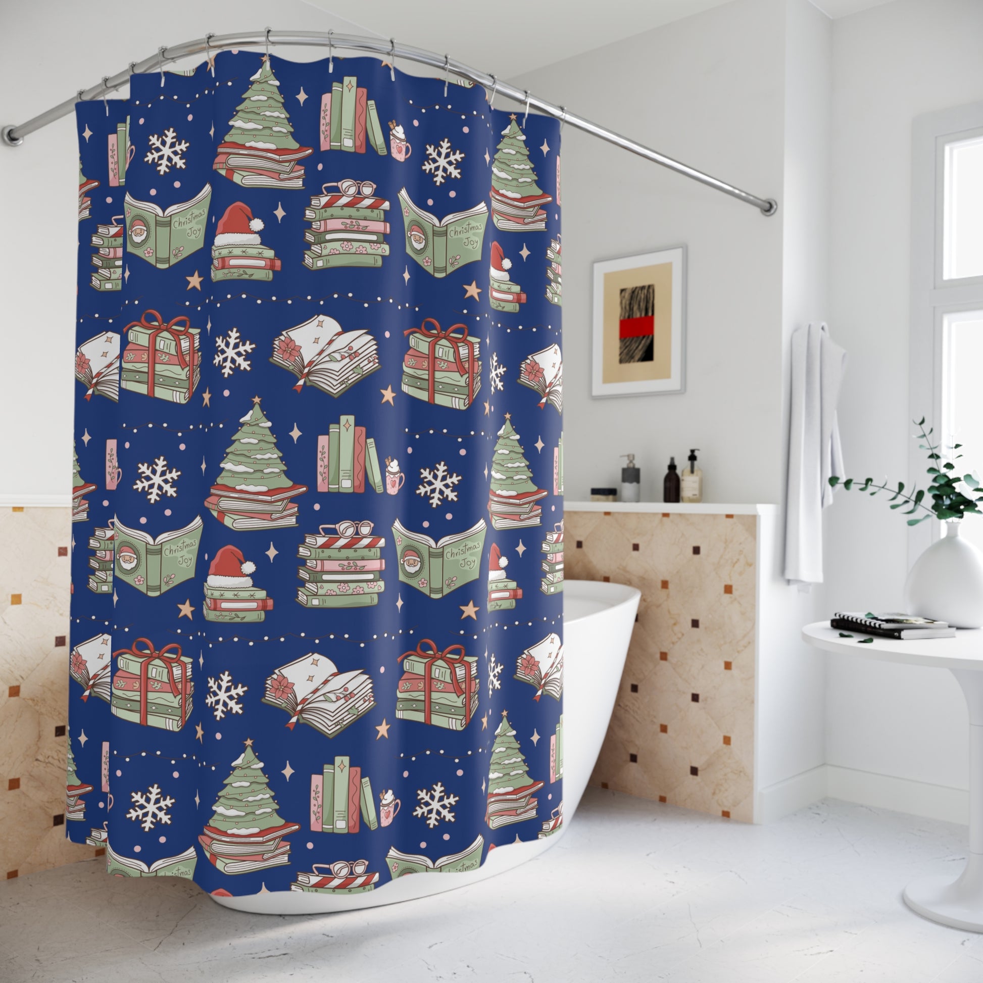 Shower Curtain - Royal Blue Christmas Books and Coffee Design