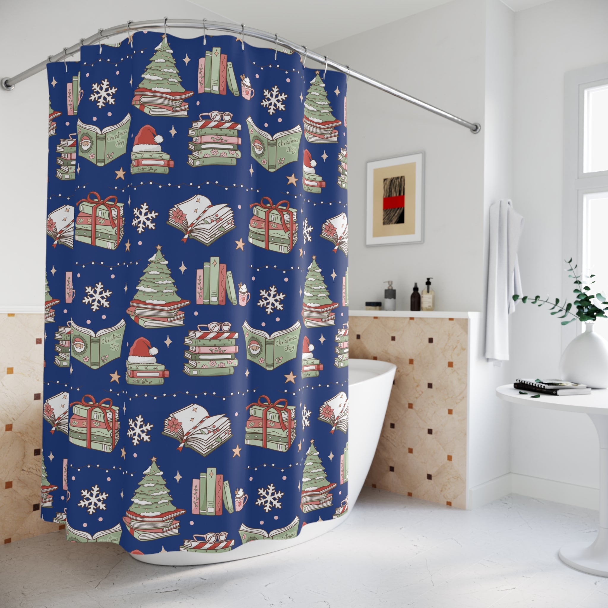 Shower Curtain - Royal Blue Christmas Books and Coffee Design