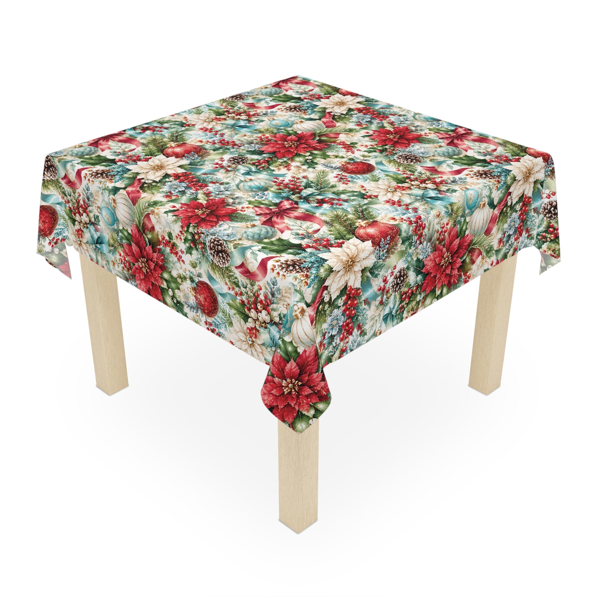 Christmas Poinsettia Holiday Tablecloth Festive Ornaments & Pinecone Dining Table Cover Elegant