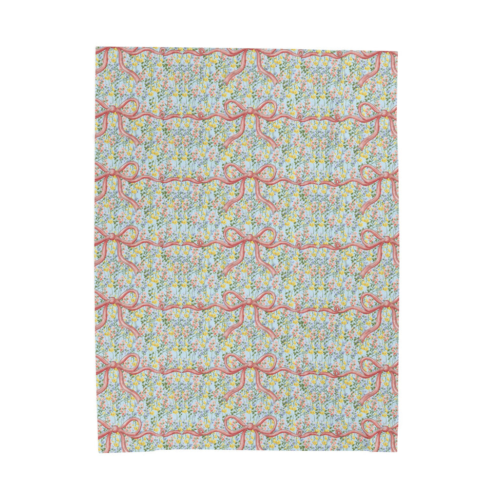 Pink Bow Botanical Wildflower Minky Velveteen Plush Blanket
