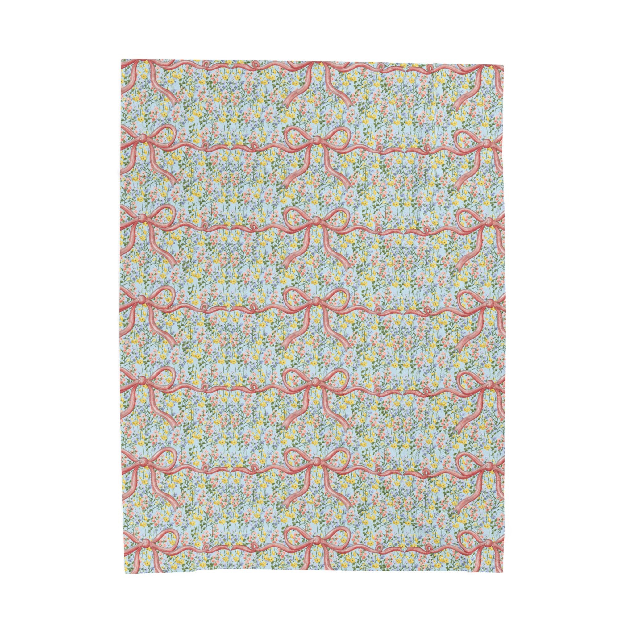Pink Bow Botanical Wildflower Minky Velveteen Plush Blanket