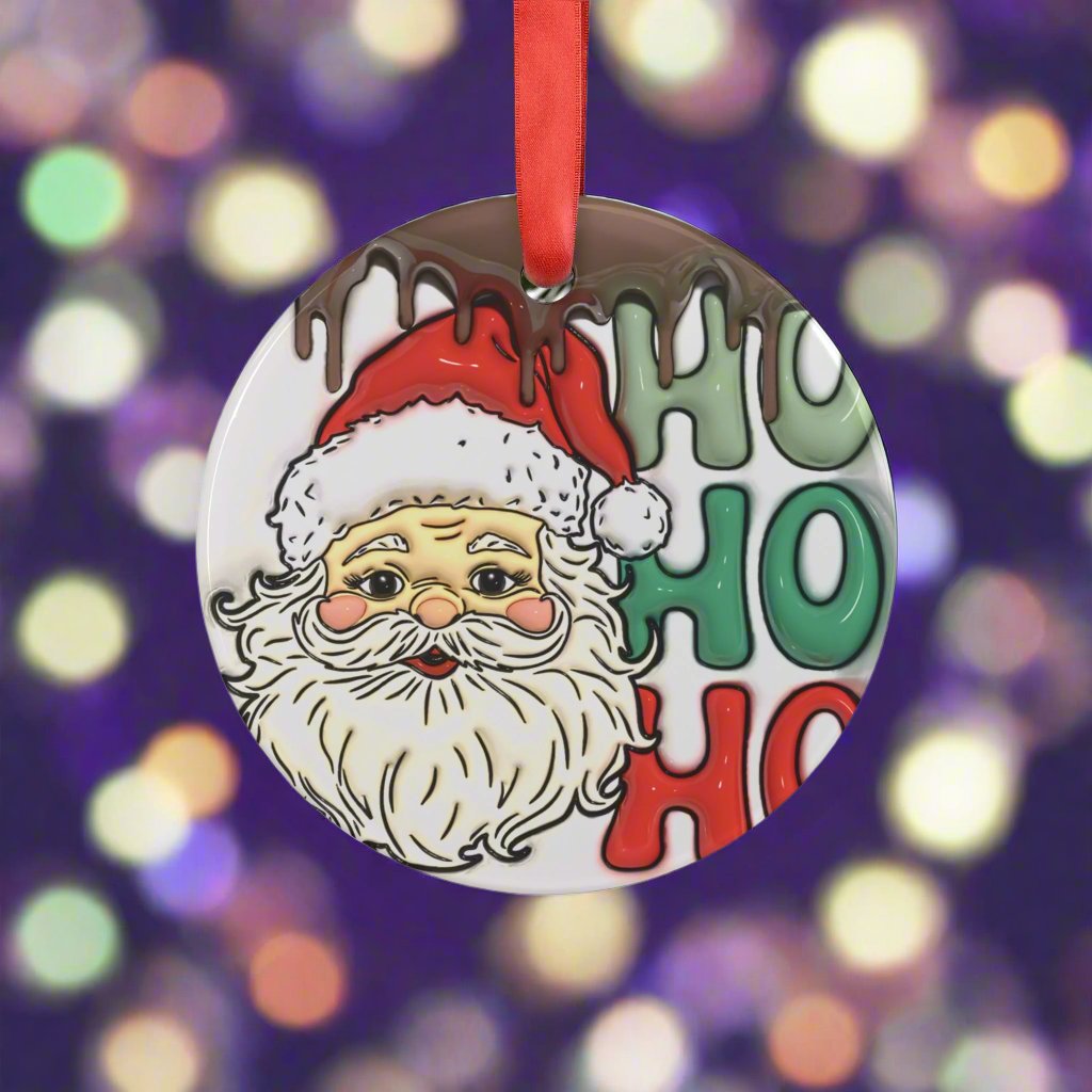 3D Santa 'HO HO HO' Illusion Ornament with Red Ribbon Festive Christmas Decor, Perfect Tree Accent, Glossy Finish, 2.9x2.9 Inches, Unique Holiday Keepsake Ideal for Tree Trimming - MRSBYVALLE