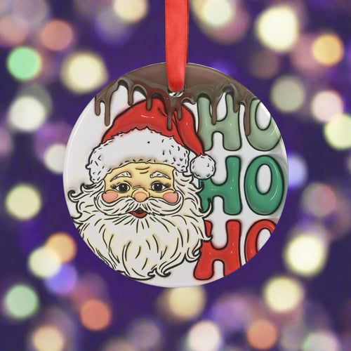 3D Santa 'HO HO HO' Illusion Ornament with Red Ribbon Festive Christmas Decor, Perfect Tree Accent, Glossy Finish, 2.9x2.9 Inches, Unique Holiday Keepsake Ideal for Tree Trimming - MRSBYVALLE