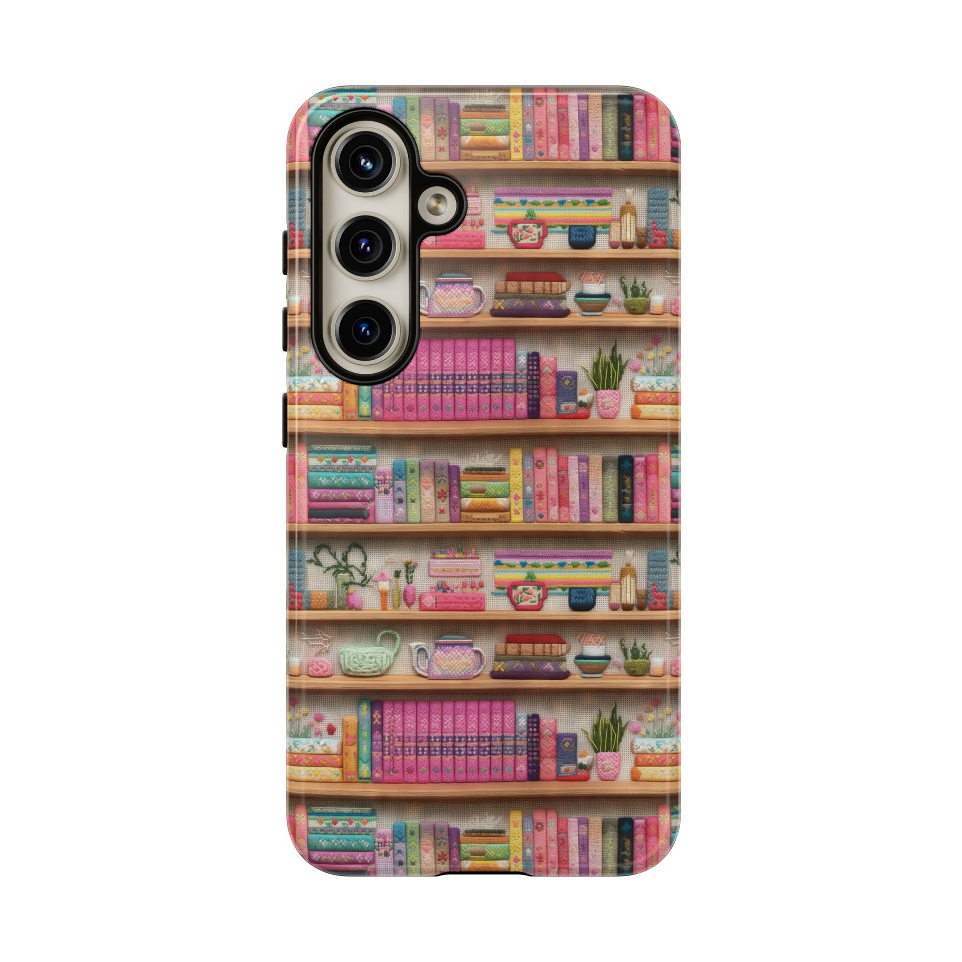 Whimsical 3D Embroidery Illusion Books on Pastel Shelves Phone Case for iPhone, Samsung & Pixel: Unique Accessory for Literary Enthusiasts Gift for Her Perfect for Floral Lover