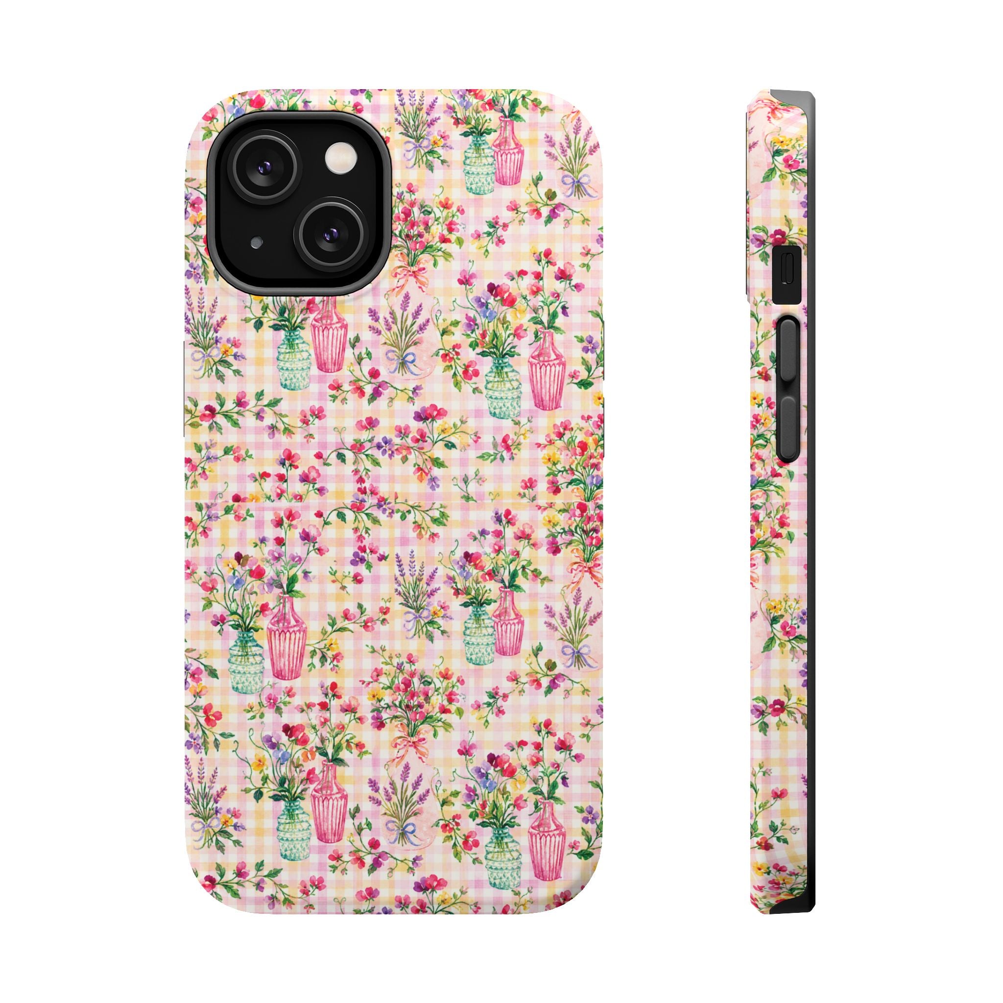 Turquoise & Pink Floral Checker Phone Case — Magnetic Impact-Resistant