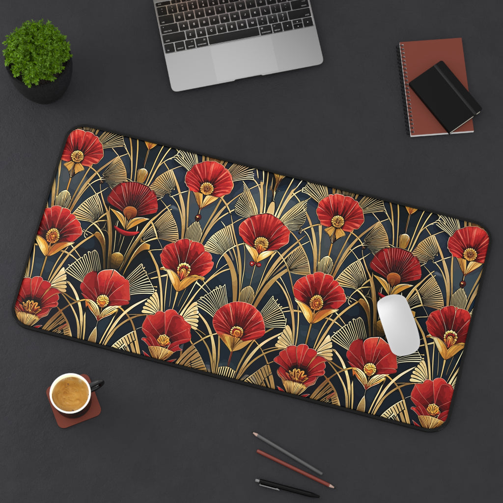 Tapis de bureau Art Déco Fleur Rouge Noir & Or — Tapis de souris floral vintage