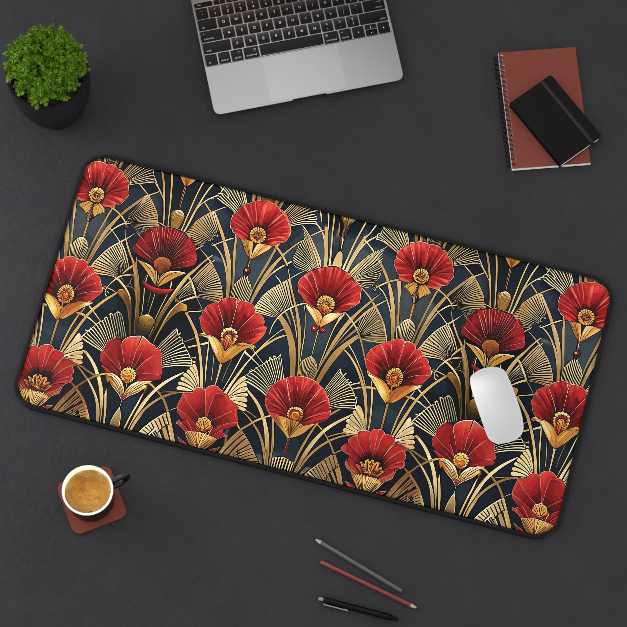 Art Deco Red Flower Black & Gold Desk Mat — Vintage Floral Desk Pad