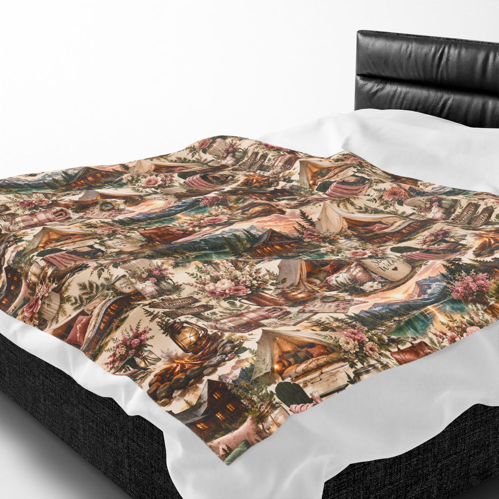 Cozy Cabin Camping Velveteen Plush Blanket Outdoor