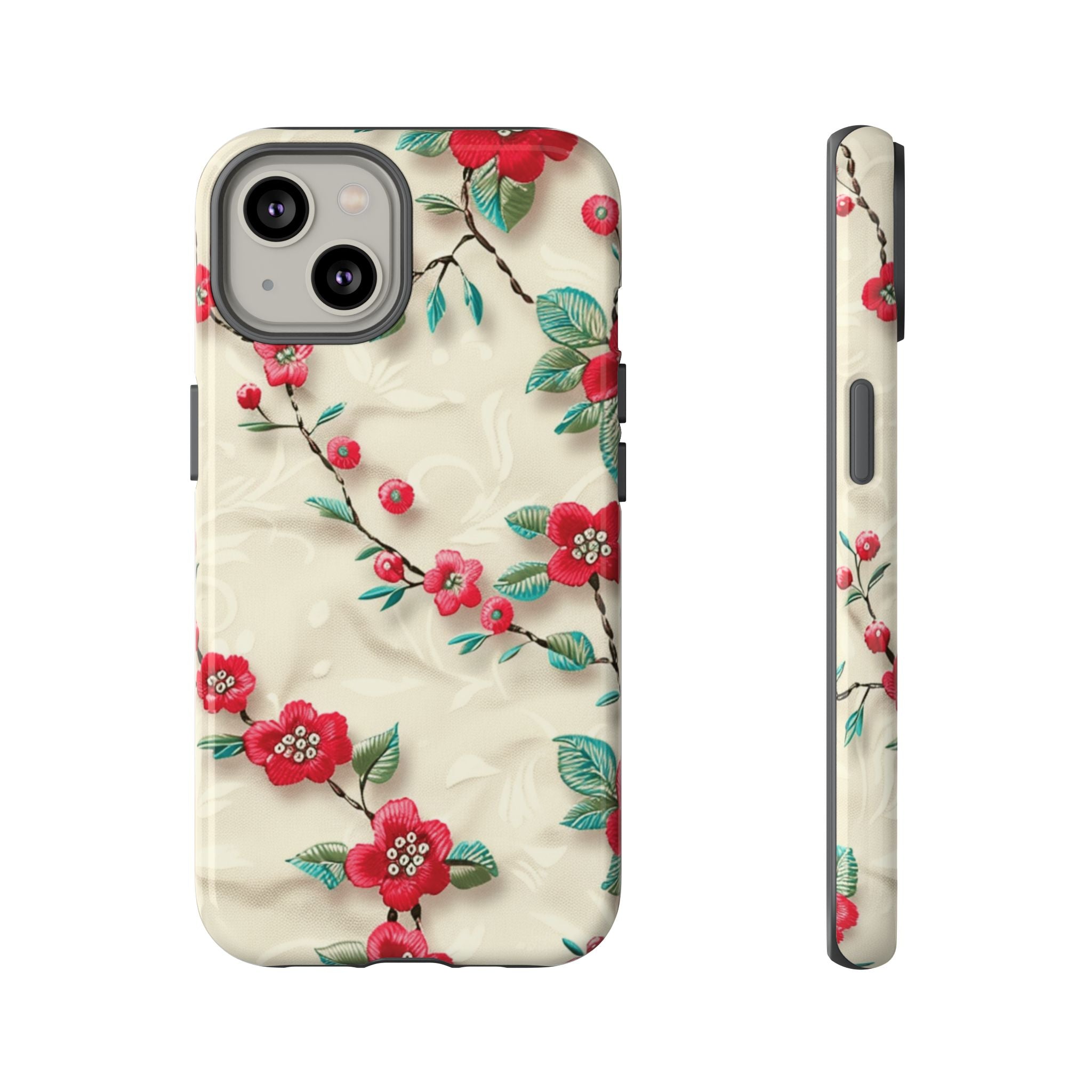 3D Embroidery Illusion Red Flowers Phone Case for iPhone, Samsung Pixel Artistic Floral Protection 15 14 13 12, 21 23 Gift for Her Perfect for Floral Lover