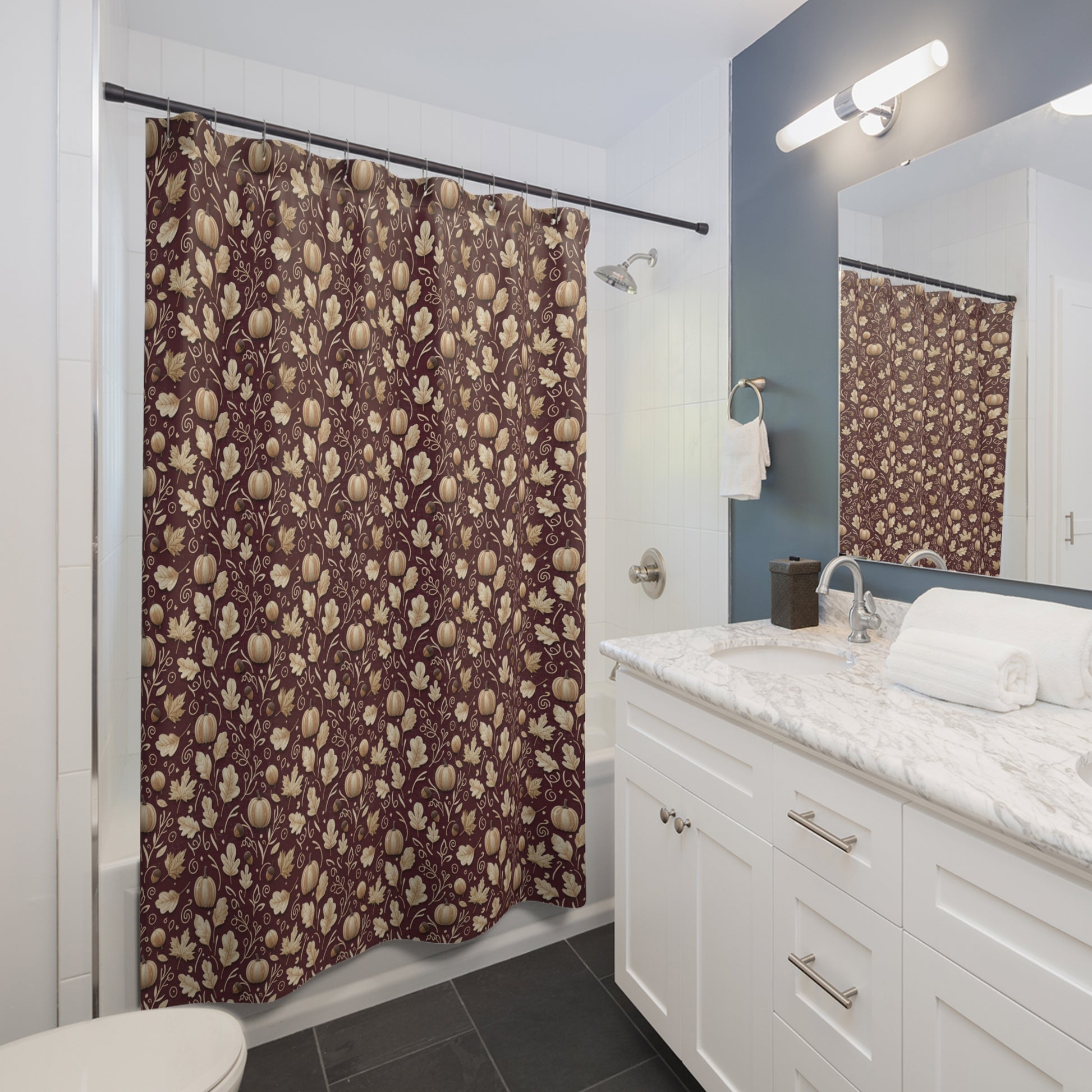 Burgundy Fall Shower Curtain, Autumn Leaves Bathroom Decor, Seasonal Rustic Home Accent, Cozy Thanksgiving & Harvest Style Curtain Hooks Not Included