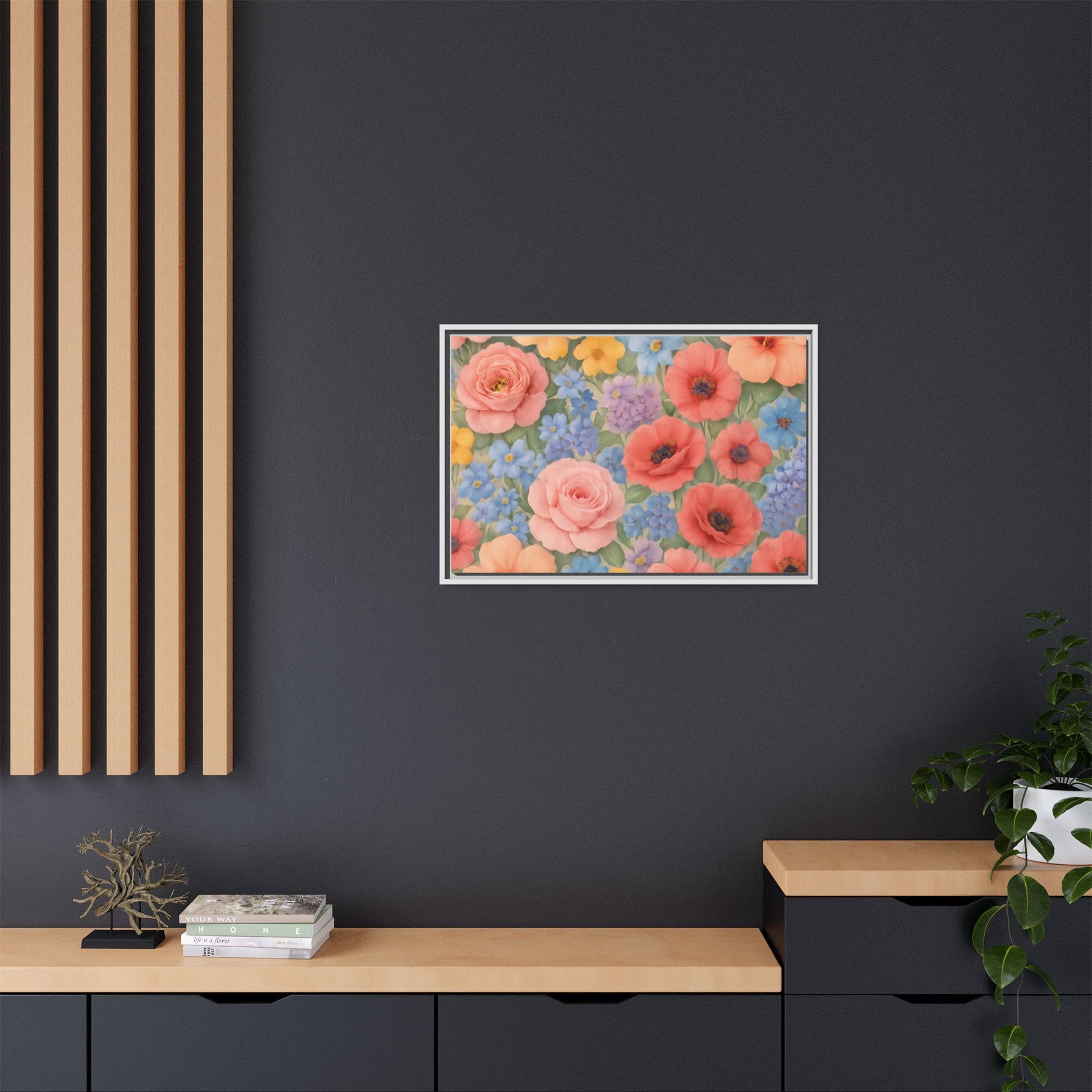 Luxury Framed Floral Canvas – Bold Multi-Color Botanical Wall Art, Elegant Nature-Inspired Accent for Living Room, Bedroom, or Office Décor Gift for Mom
