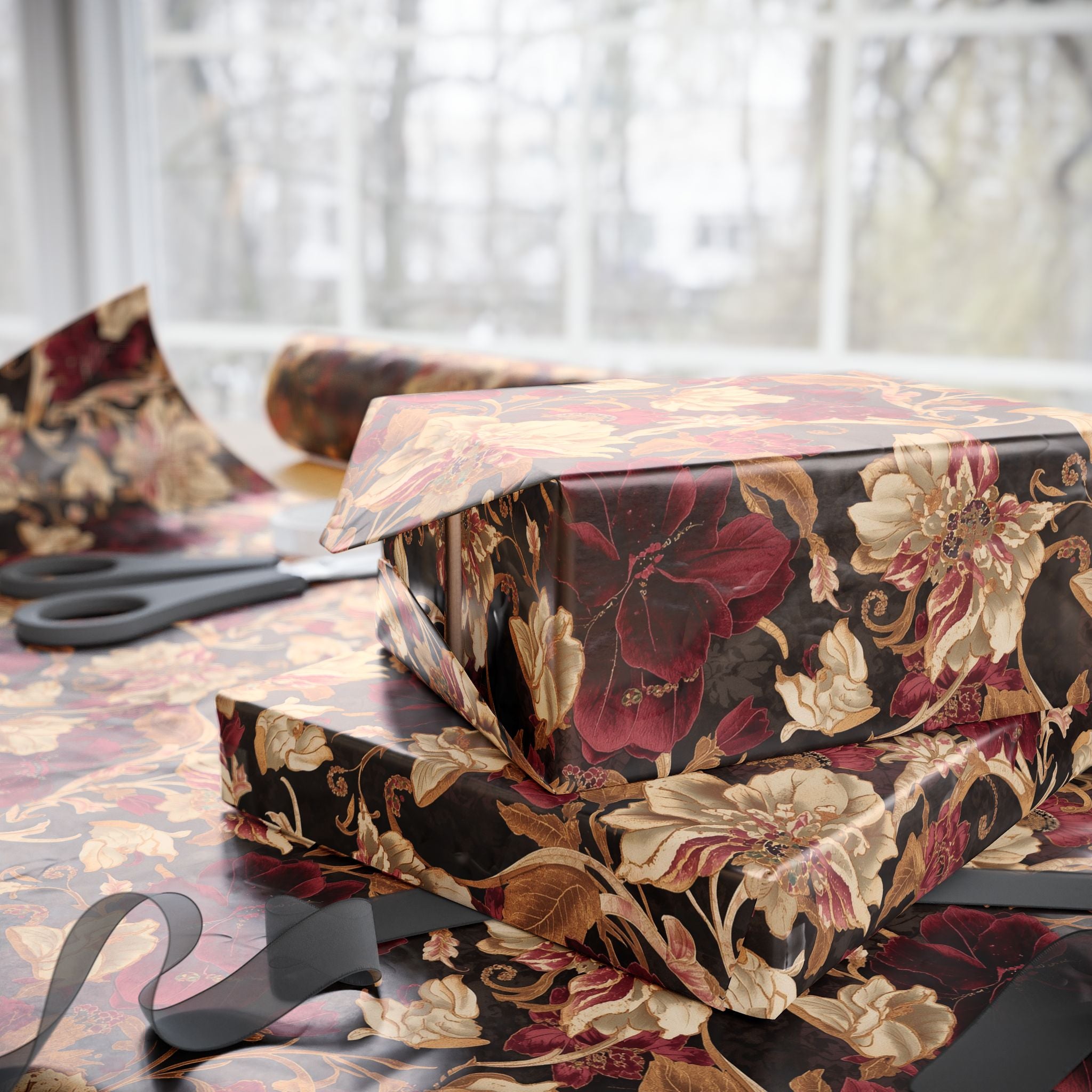 Floral Vintage Wrapping Paper - Burgundy & Gold Rose Wedding