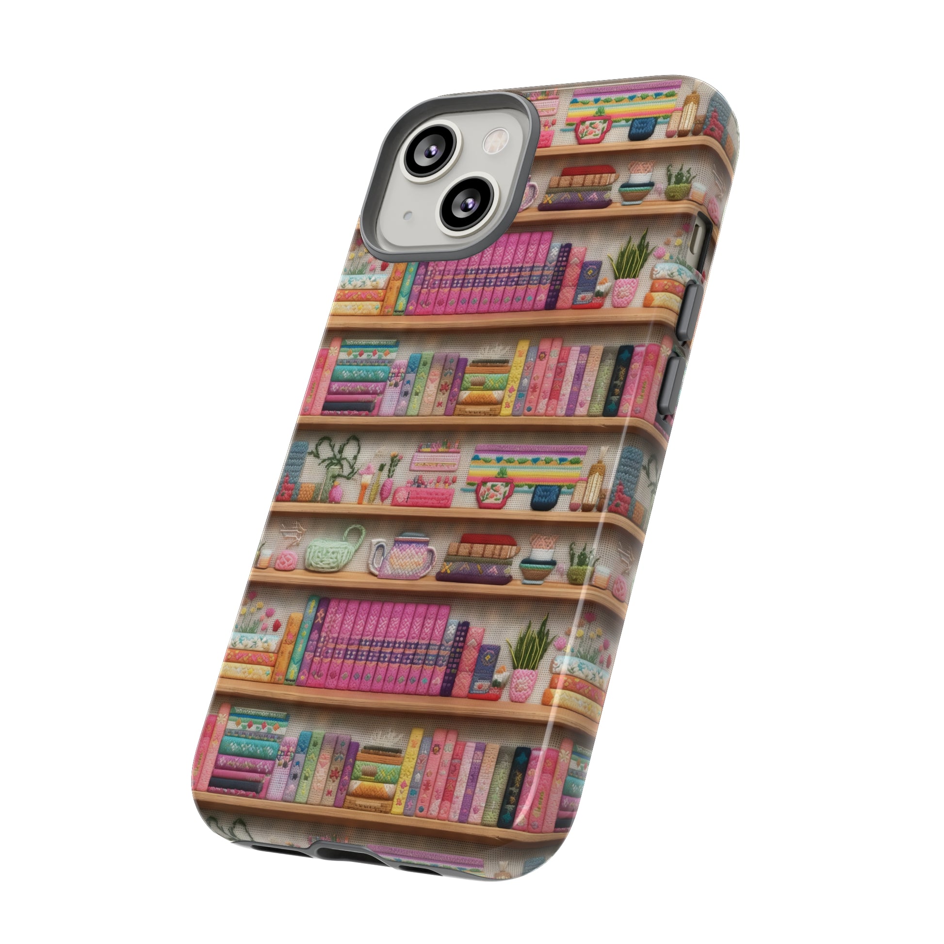 Phone Case 3D Illusion Books & Shelf Embroidery Design with Vibrant Colors Gift for Her Phone 15, Samsung iPhone Samsung Gift for Her Case iPhone 15, Samsung iPhone Samsung Accessory Gift for Her.