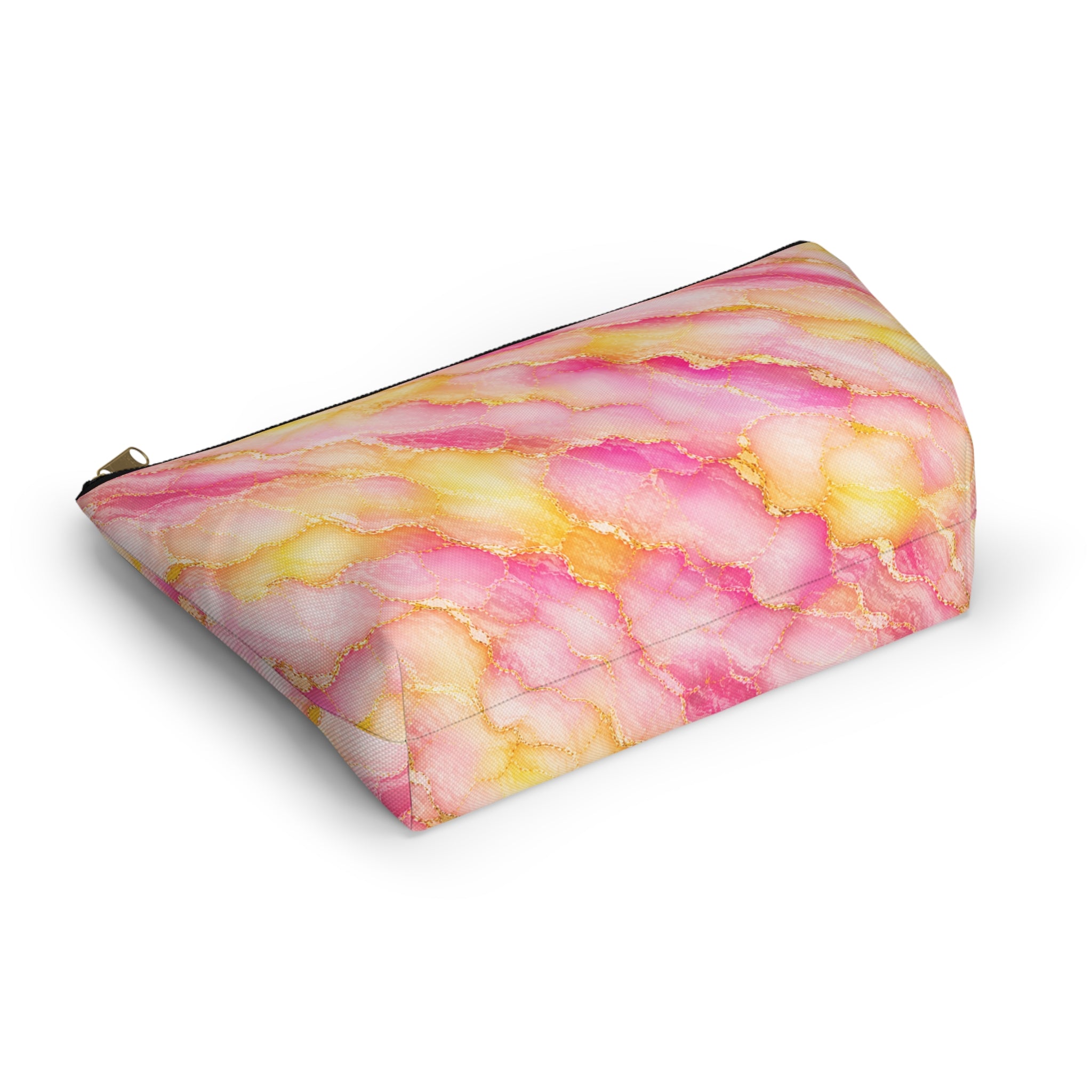 Trousse de Maquillage en Marbre Aquarelle Rose et Or – Sac à Accessoires à Fond Plat