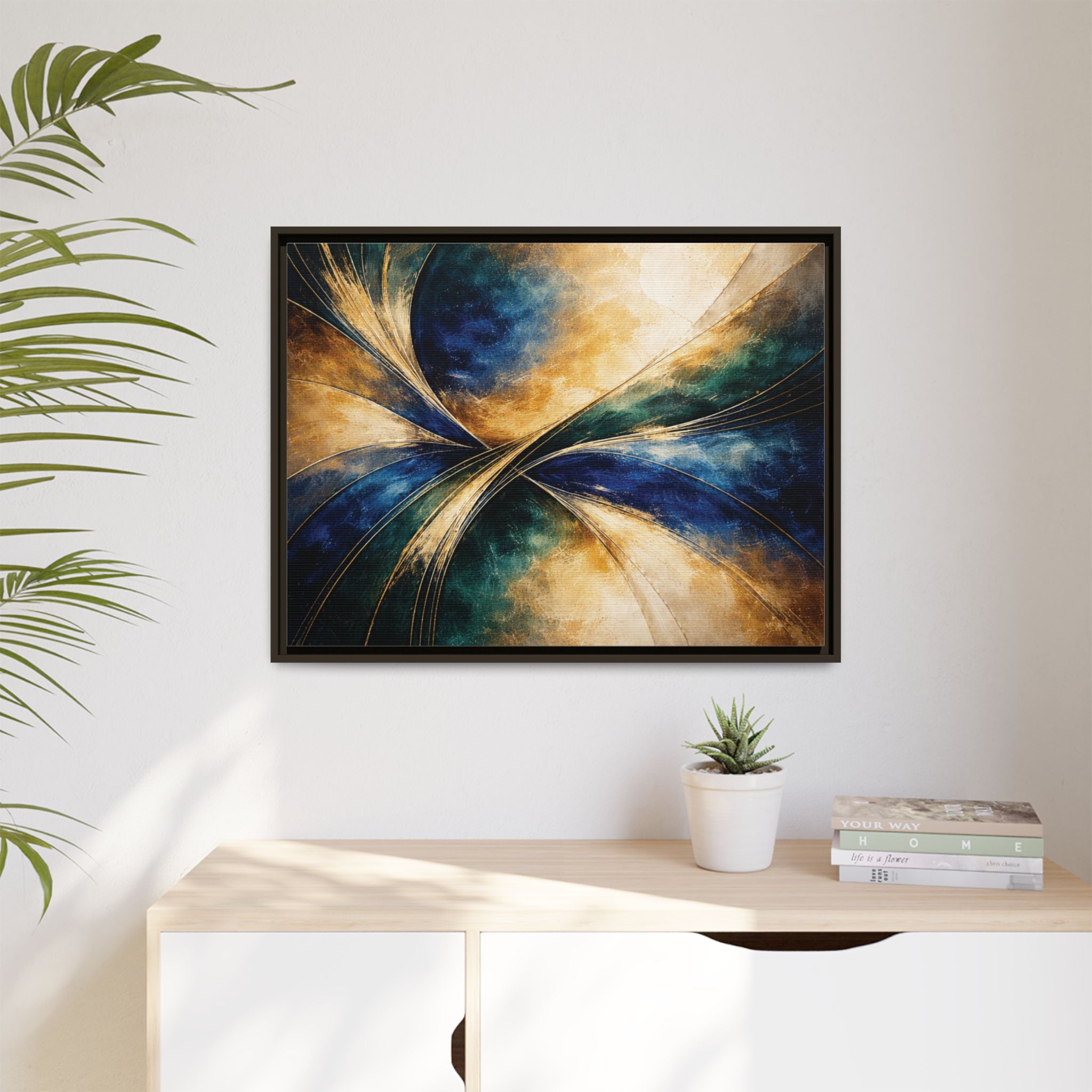 Gilded Convergence  Luxe NeoDeco Blue & Gold Abstract Wall Art Framed