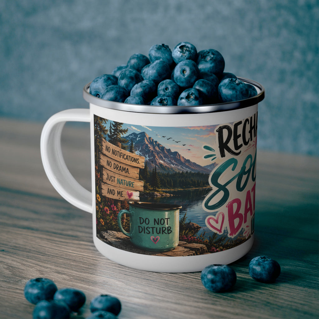 Enamel Camping Mug — "Recharging My Social Battery" Scenic Camper Coffee Cup