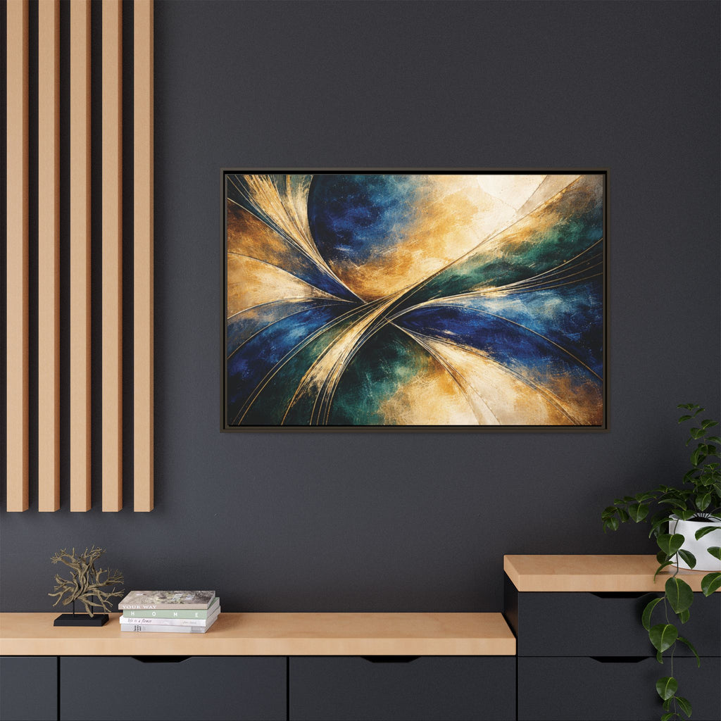 Gilded Convergence  Luxe NeoDeco Blue & Gold Abstract Wall Art Framed