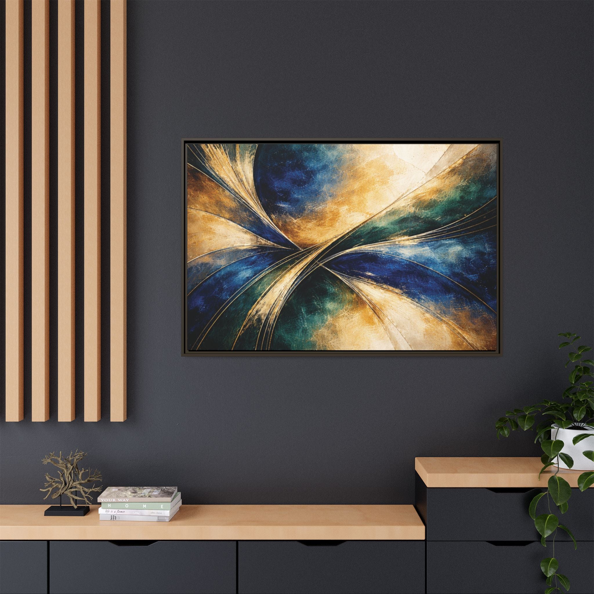 Gilded Convergence  Luxe NeoDeco Blue & Gold Abstract Wall Art Framed