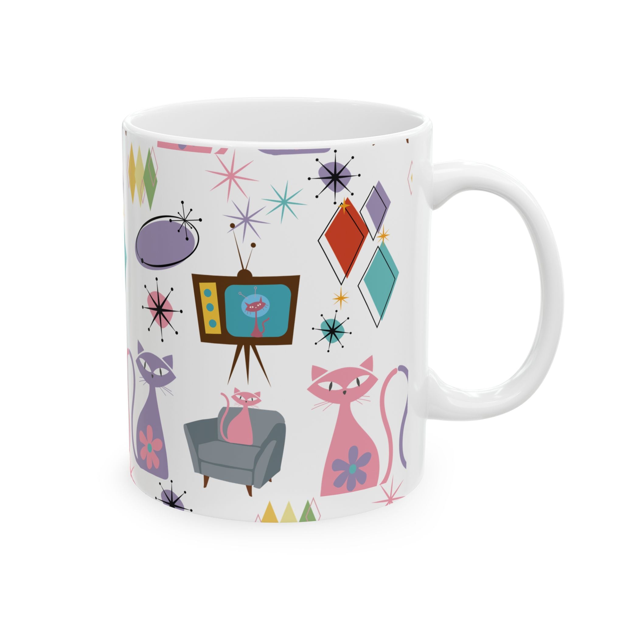 Retro Atomic Cat Mug,  Mid Century Modern Coffee Cup, Vintage Kitty Design , 11oz & 15oz Ceramic Mug for Cat Lovers Gift for Mom and Coffee Lover