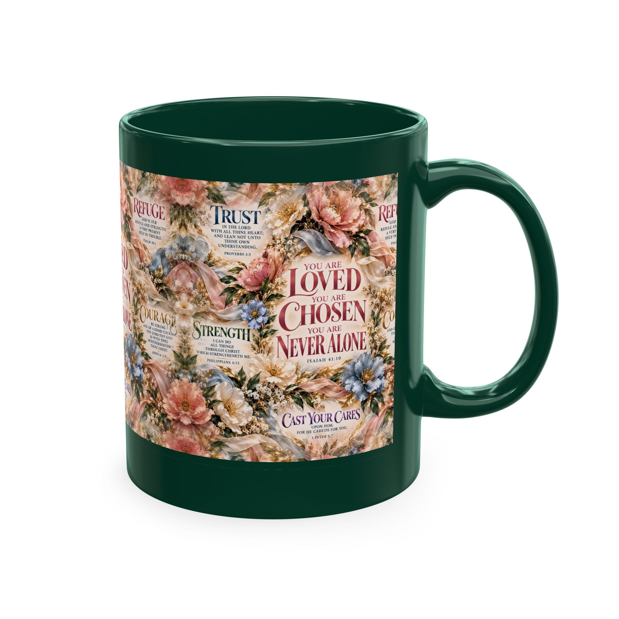 Loved Chosen Never Alone Coffee Mug | Christian Encouragement Gift for Her | Faith Floral Cup