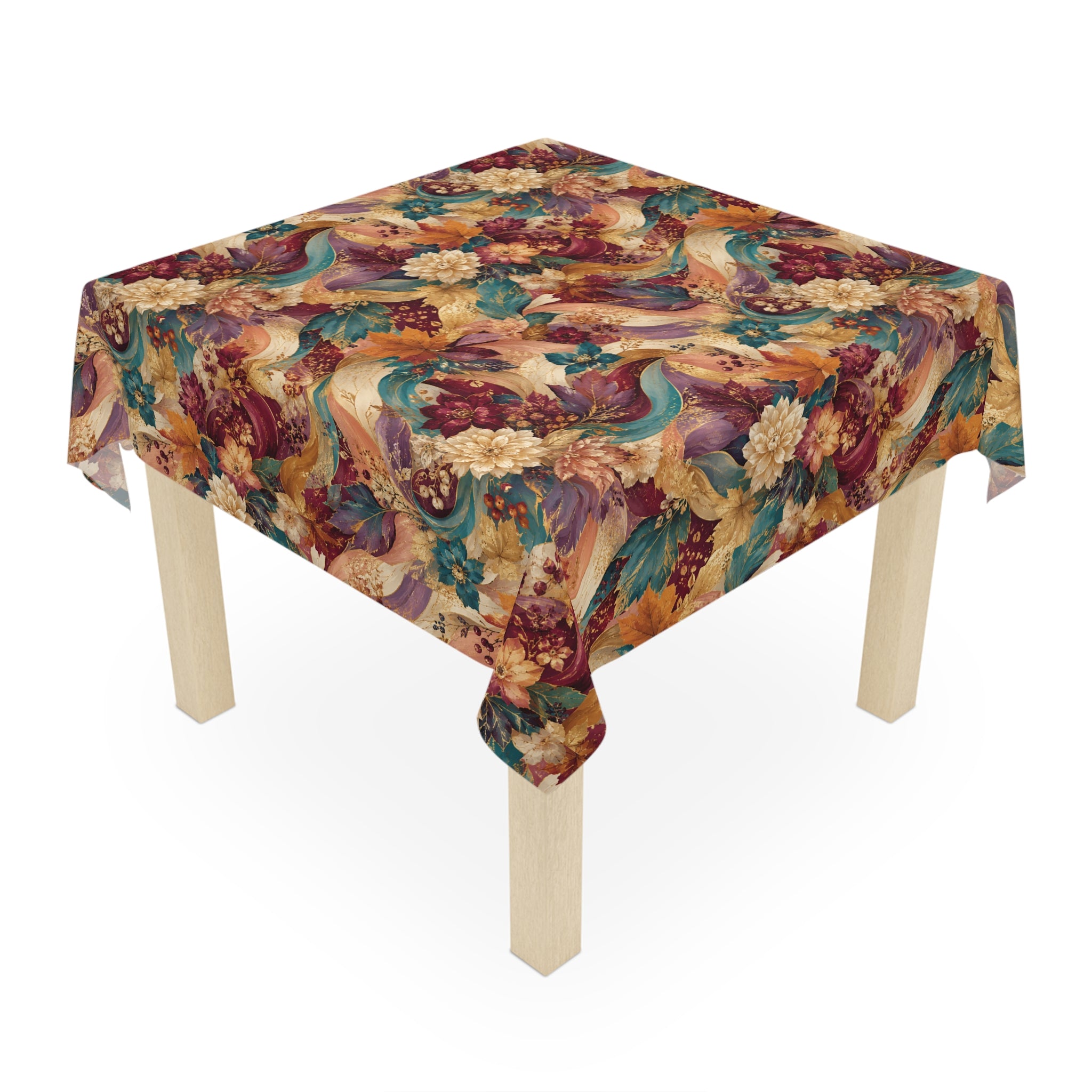 Autumn Harvest Floral Tablecloth — Vibrant Fall Leaves & Flowers Table Linen