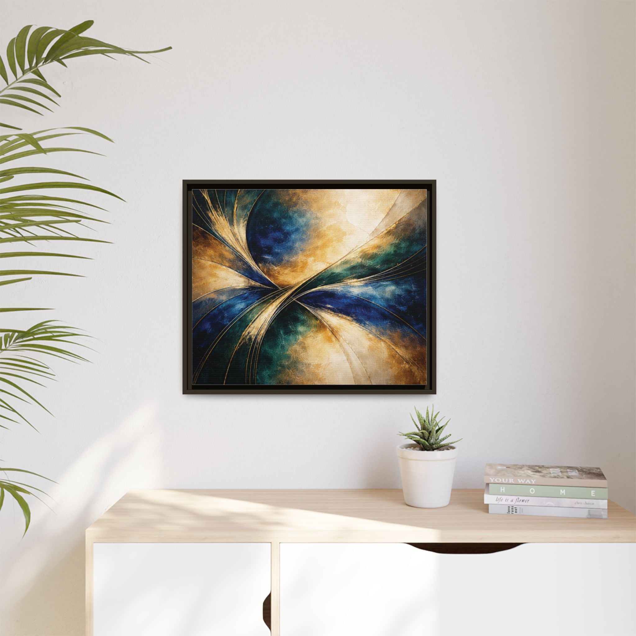 Gilded Convergence  Luxe NeoDeco Blue & Gold Abstract Wall Art Framed