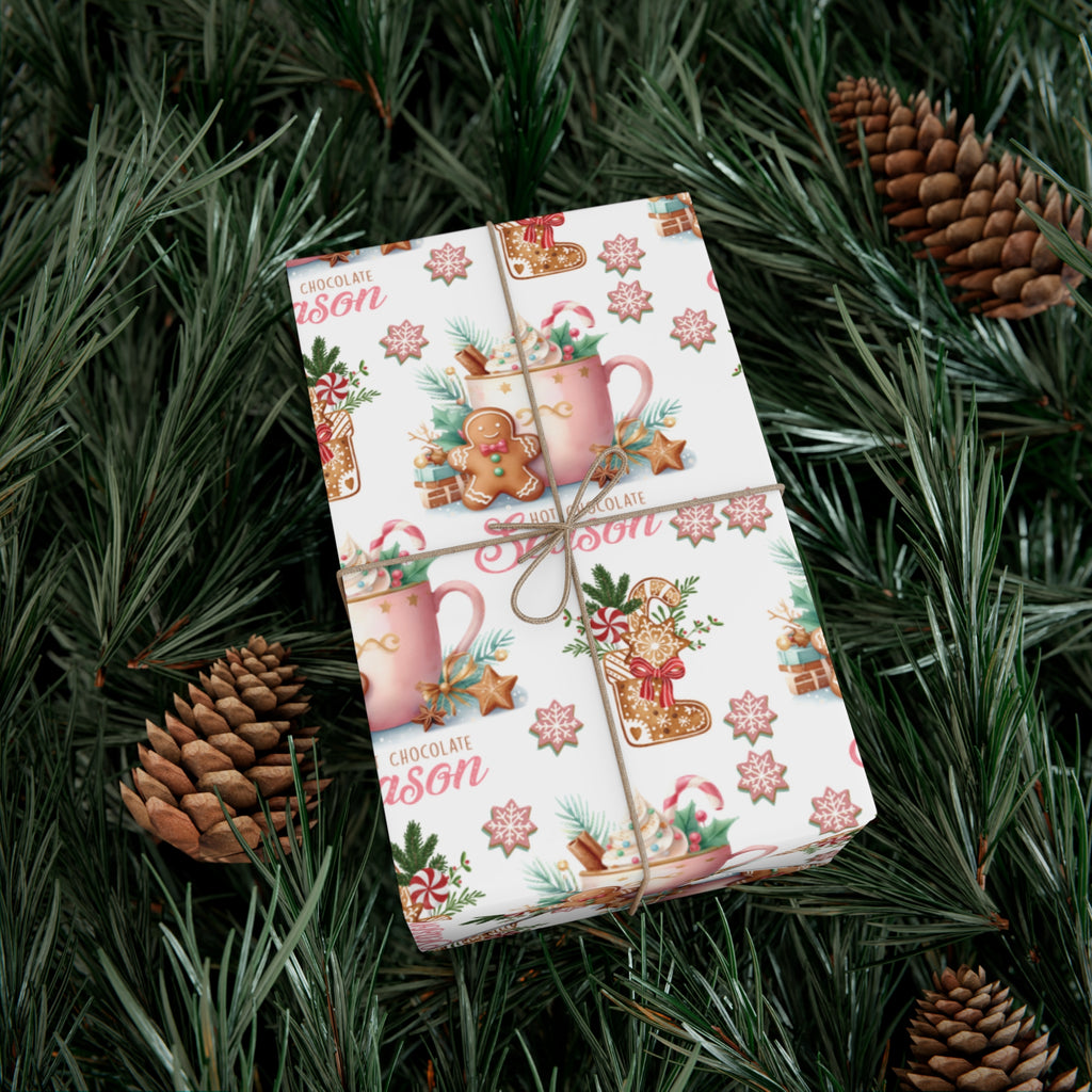 Enchanting Gingerbread with Hot Chocolate Season Pink Wrapping Paper | Festive & Cozy Holiday Gift Wrap | Perfect for Christmas Presents, Seasonal Celebrations, and Winter Wonderland Themes Christmas - MRSBYVALLE