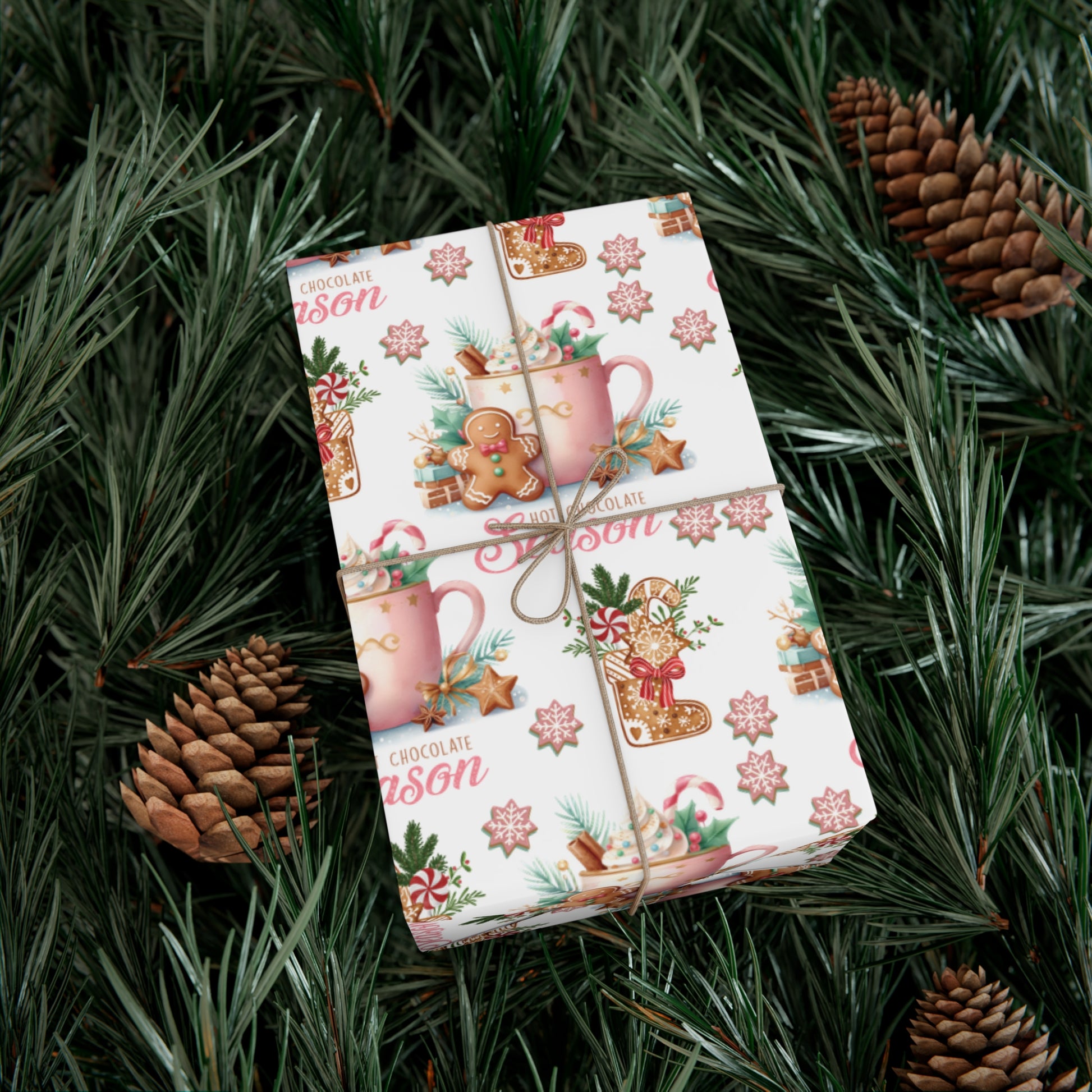 Enchanting Gingerbread with Hot Chocolate Season Pink Wrapping Paper | Festive & Cozy Holiday Gift Wrap | Perfect for Christmas Presents, Seasonal Celebrations, and Winter Wonderland Themes Christmas - MRSBYVALLE