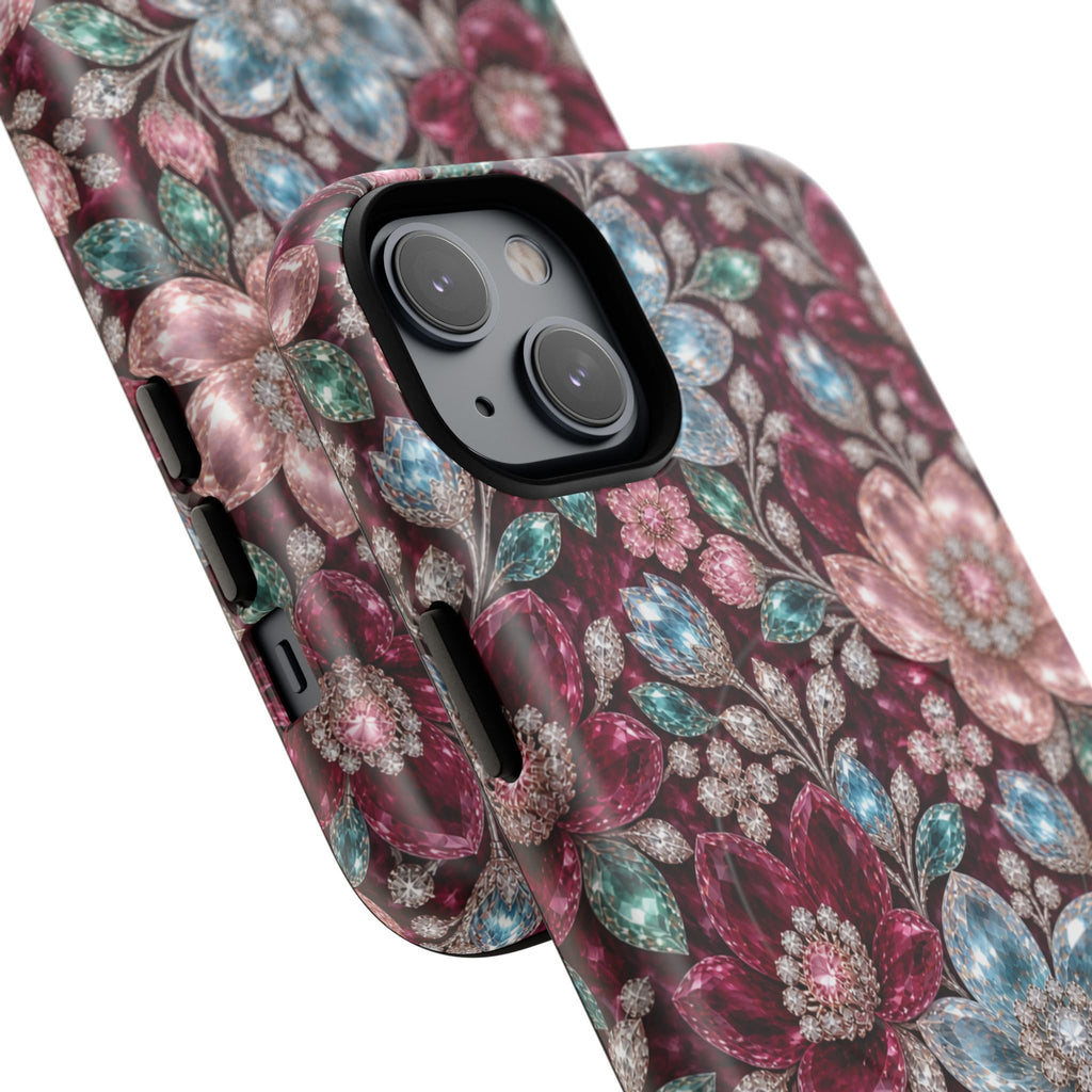 Floral faux Jewel Phone Case Sparkling Burgundy Flower Tough Magnetic Case 18 iPhone