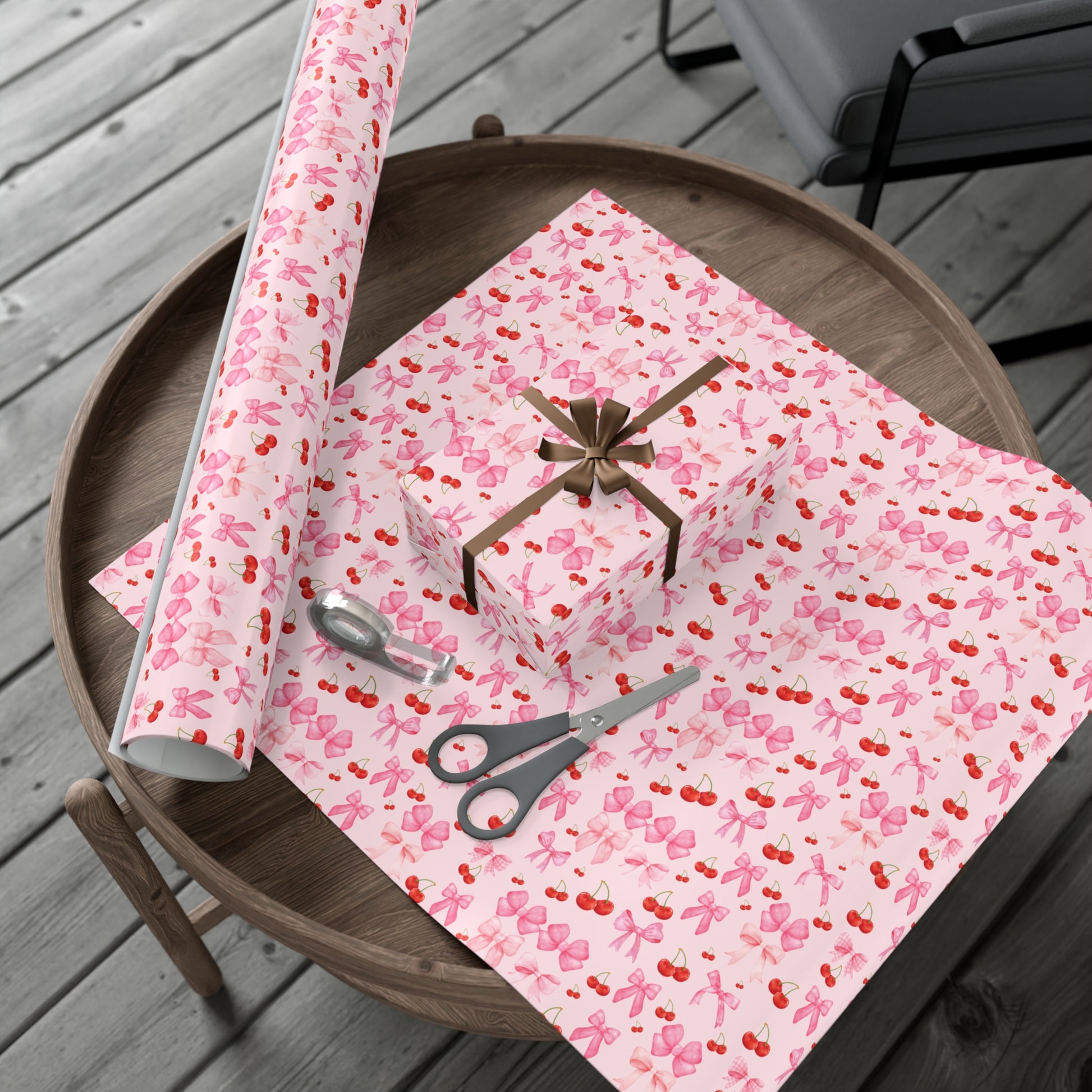 Pink Chic Coquette Wrapping Paper Pink Bows Cherries Elegance Perfect for Gifts Weddings, Bridal Baby Showers All Occasion.